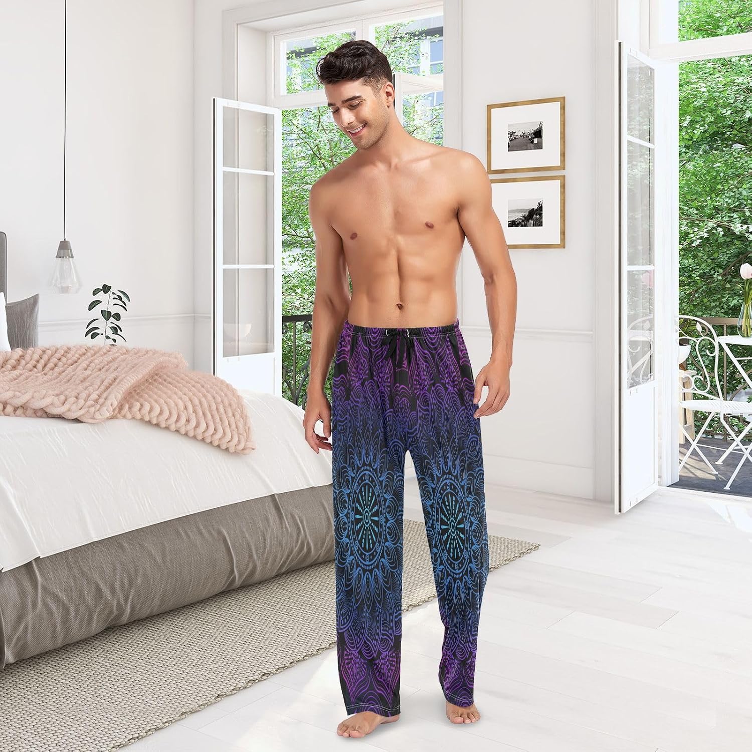 ALAZA Rainbow Mandala Boho Lotus Men's Pajama Pants Men Cotton Pajama Bottoms with Pockets, S