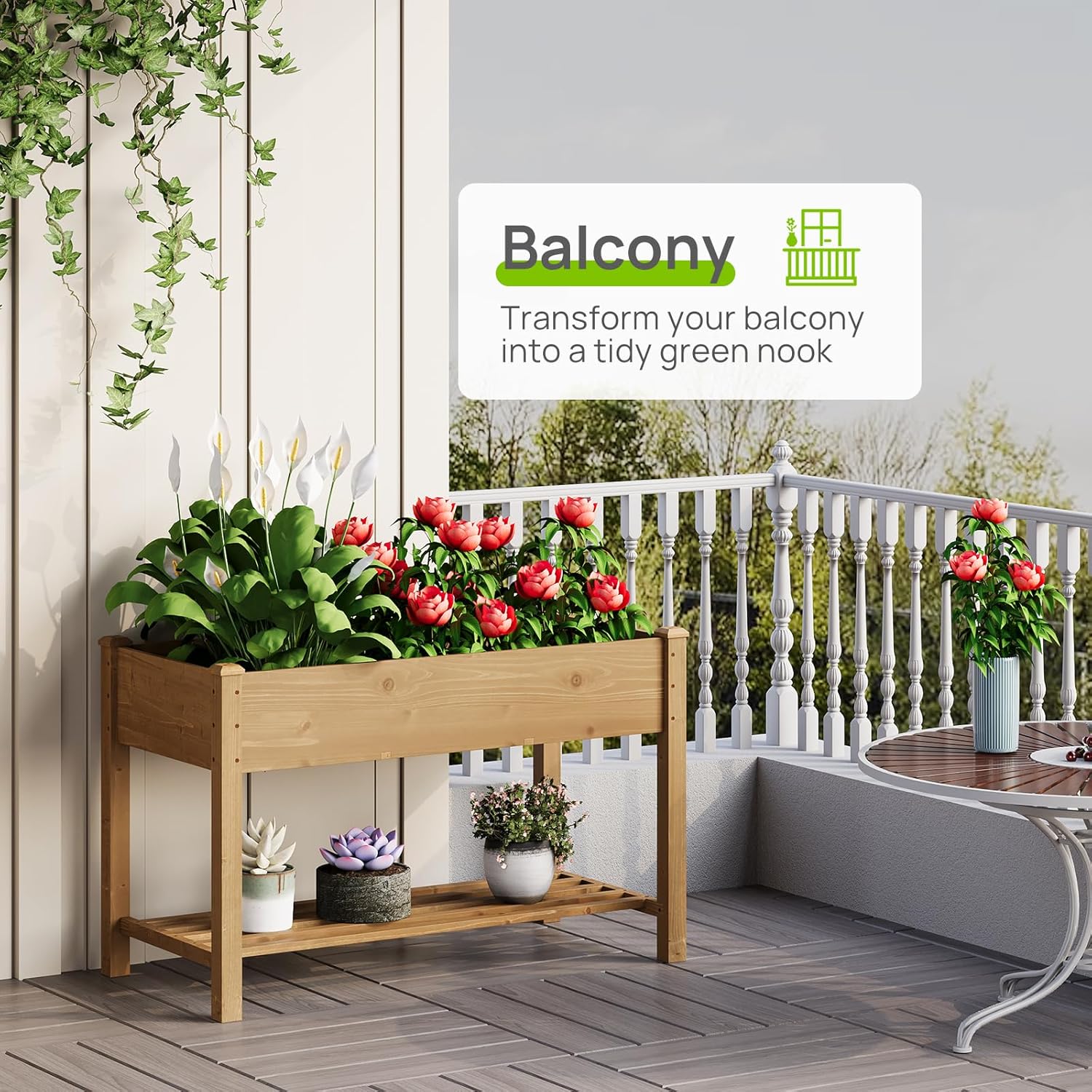 Raised Garden Bed with Legs Wood Elevated Planter Box Gardening Outdoor Planter Box Patio Kit Planting Bed for Vegetables Flowers Herbs Outdoor for Patio Balcony Backyard 48x24x30.7in (Brown, M)