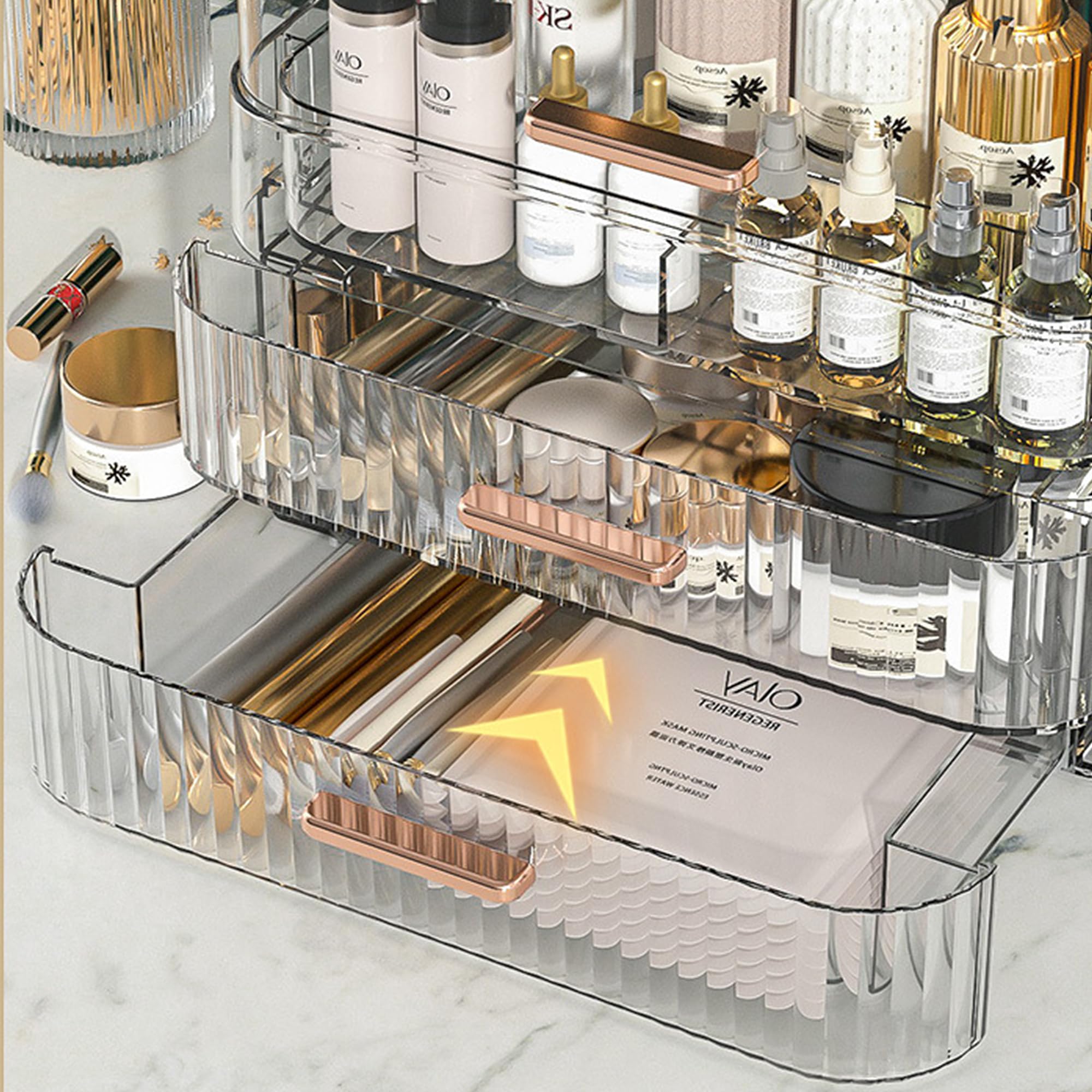 Porta Trucchi Organizer Trucco con Maniglie Skincare Organizer Bagno con Cassetti Grande Capacità Makeup Contenitore Elegante Organizzatori Cosmetici adatti a Camera da Letto Toletta