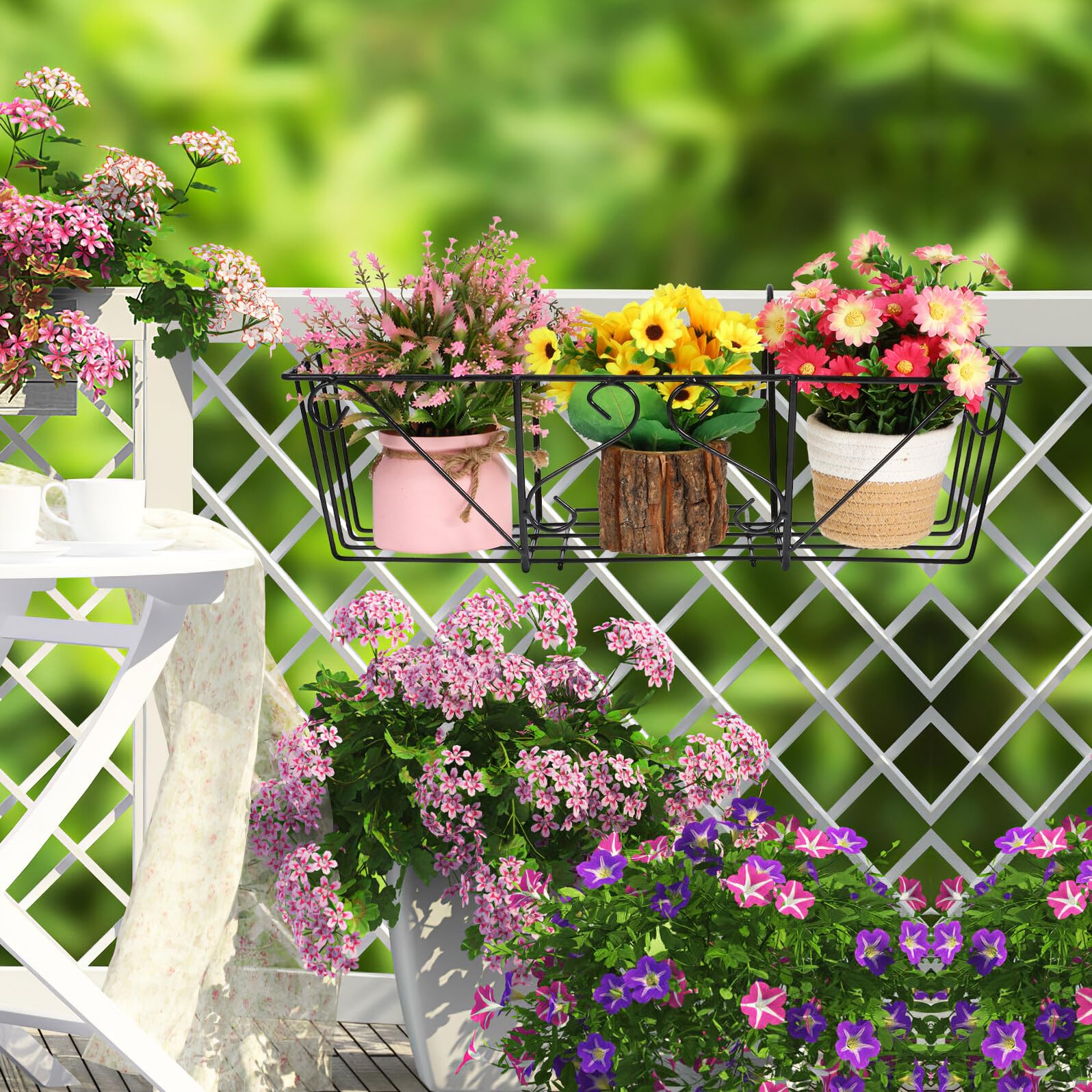 Homoyoyo Supporto per Piante in Ferro da Balcone Sospeso, Portavasi Ringhiera Nero in Metallo Robusto, Supporto Porta Fiori Versatile per Cucina, Giardino e Tavolo