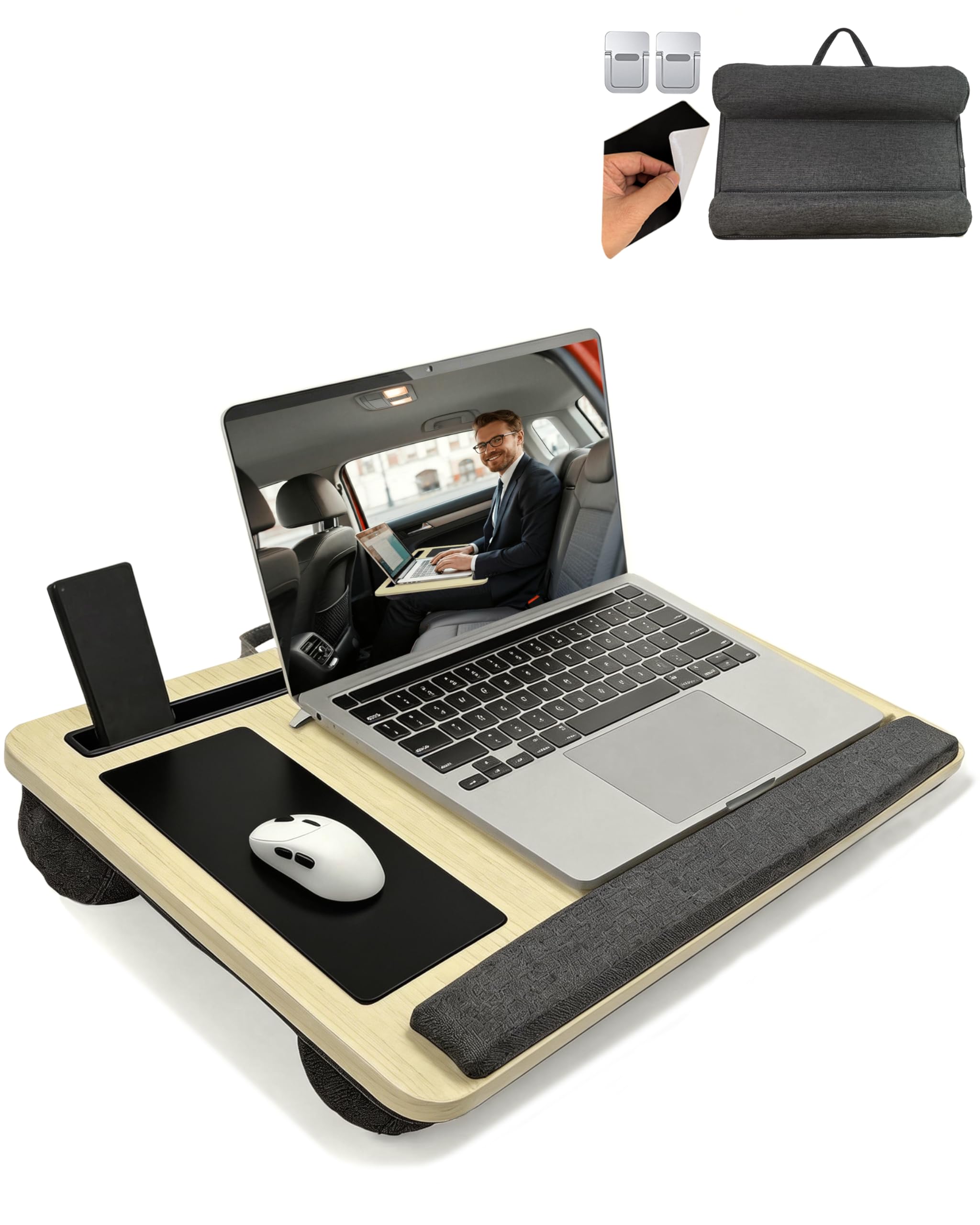Yaong Gauo Laptop Desk for Bed, Lap Desk with Cushion, Laptop Stand for Bed, Fits up to 17.3” laptop, Tablet and Phone Holder with Cellphone Stand (Light Maple)