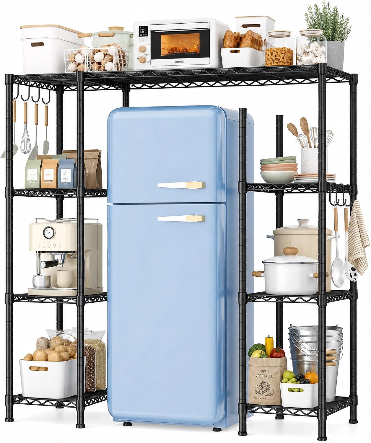 REIBII Mini Fridge Shelf, 665LBS & 8 Hooks, Mini Fridge Stand for Dorm