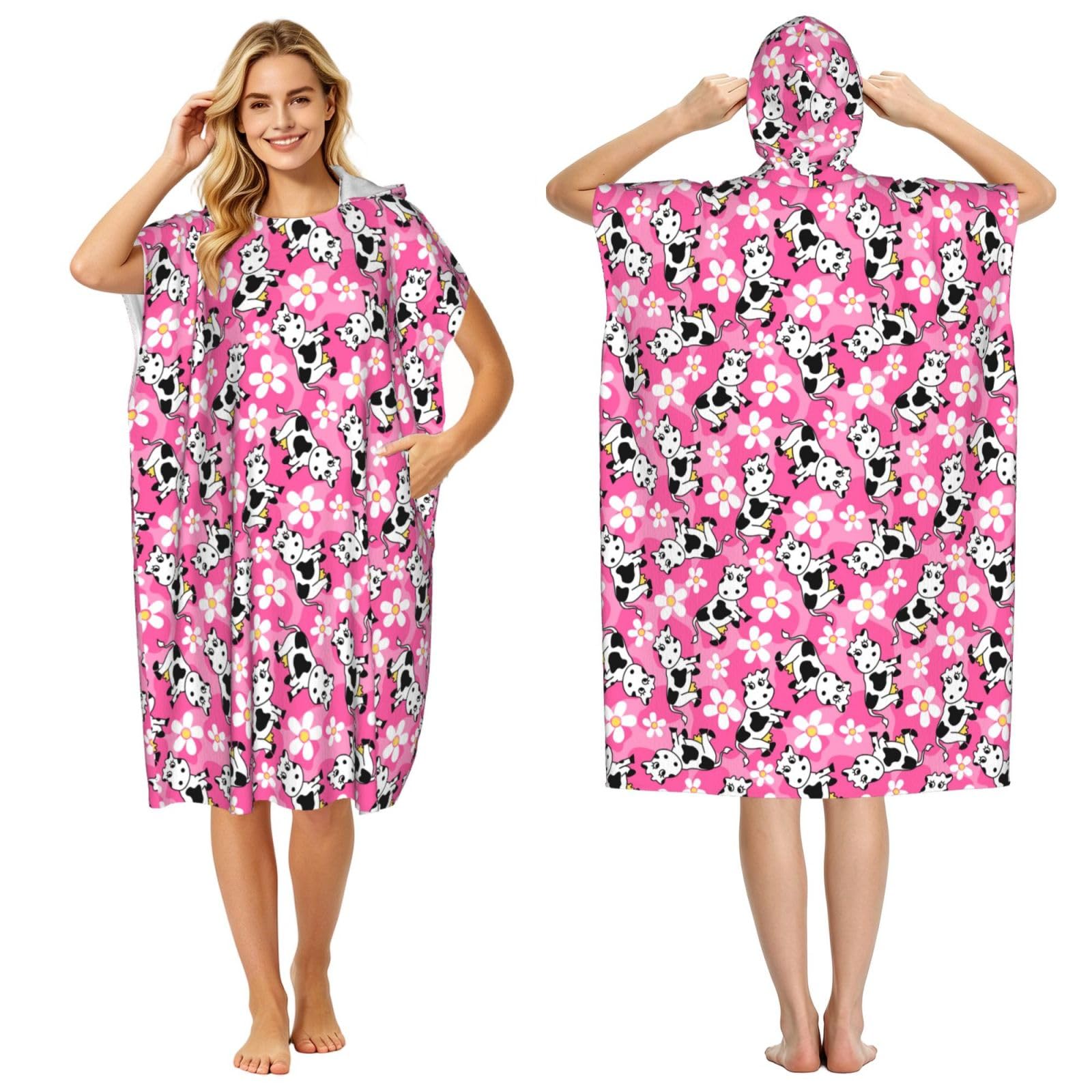 Poadnly Cute Cow, Adult Hooded Beach Towel 90 x 110 cm,Changing Bath Robe, Surf Poncho Towel For Women Men
