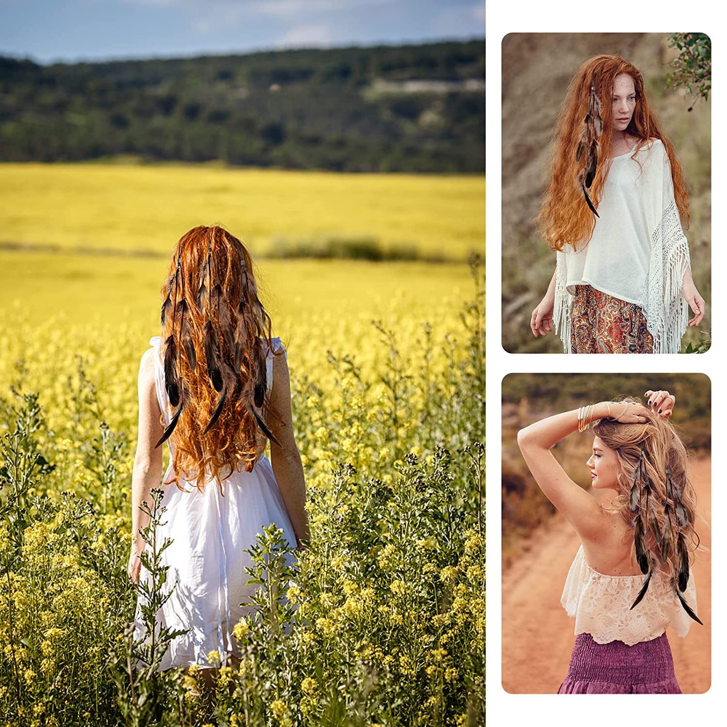 MWOOT 4 Pezzi Mollette per Capelli Piuma, Estensioni dei Capelli Piuma Bohémien Indiano, Accessori per Capelli Hippie, Decorazione dei Capelli per Festival Halloween Tema del Partito Marrone Cachi