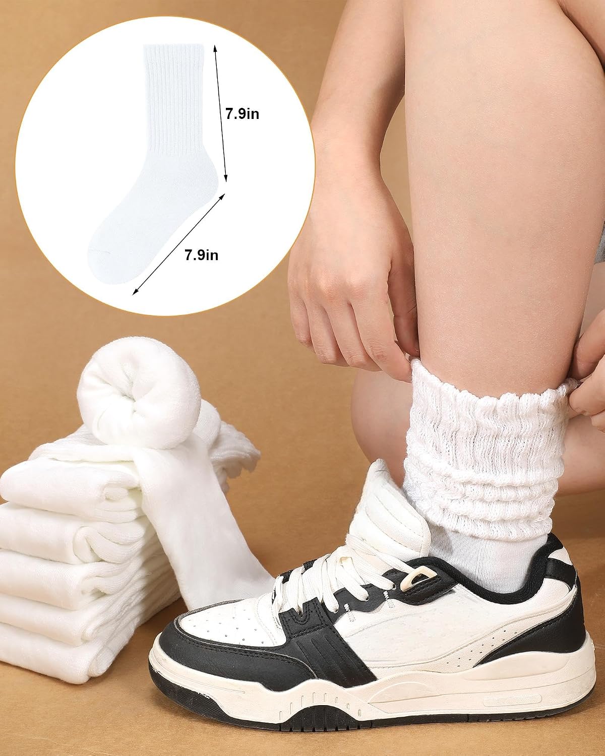 Shihanee 12 Pairs Women Slouch Crew Socks Neutral Aesthetic Ribbed Knit Baggy Scrunch Stacked Tube Boot Socks for Daily Wear
