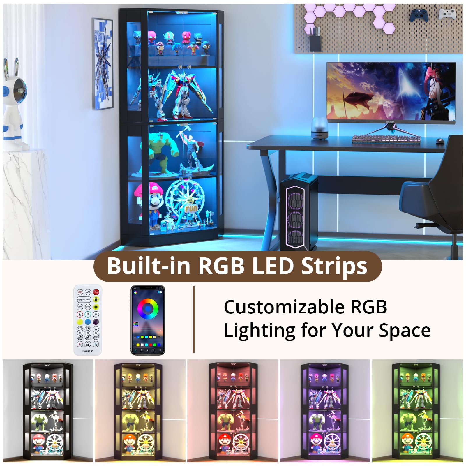 VOWNER Eck-Vitrine 165cm mit LED-Beleuchtung & Intelligente Sensorik, 4-stufige Schauvitrine, Glasvitrine für Wohnzimmer & Büro Sammlerstücke, Spirituosen (Schwarz, 4 Regalböden)