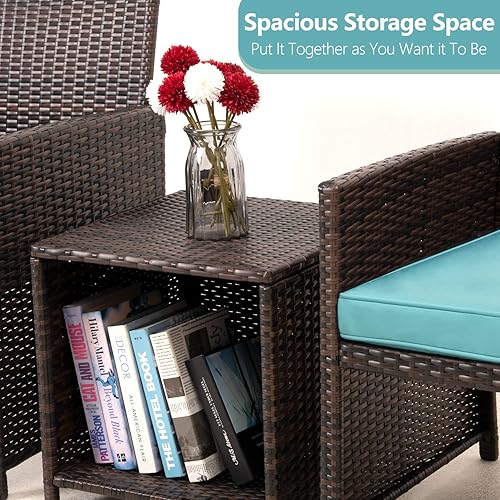 Miniatura 5 de Cpintltr Juego de 3 muebles de mimbre para patio al aire libre, juegos de conversación de patio, silla de ratán de polietileno con cojines suaves,