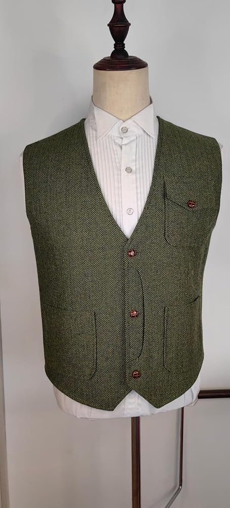 Yarizm Casual Men's Vests Herringbone Tweed Vest V-Neck