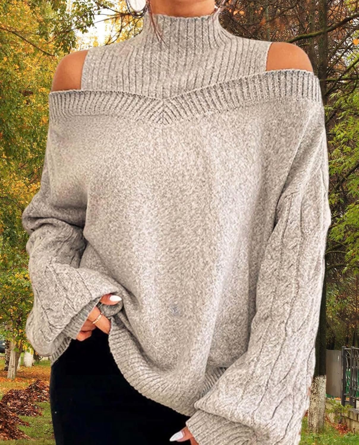 Turtleneck Sweaters for Womens Fall Fashion Casual Off The Shoulder Long Sleeve Solid Knit Pullover Sweater Top - Image 4