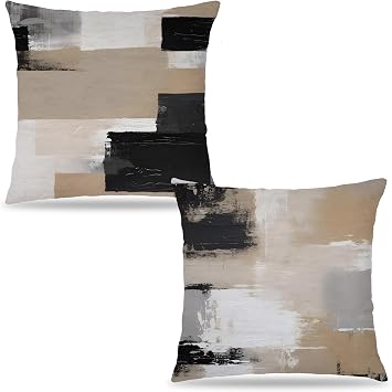 Abstract Boho Neutral Pillow Covers 18x18 Set of 2, Black Beige and White Retro Mid Century Modern Decorative Throw Pillow Covers for Home Bedroom Living Room