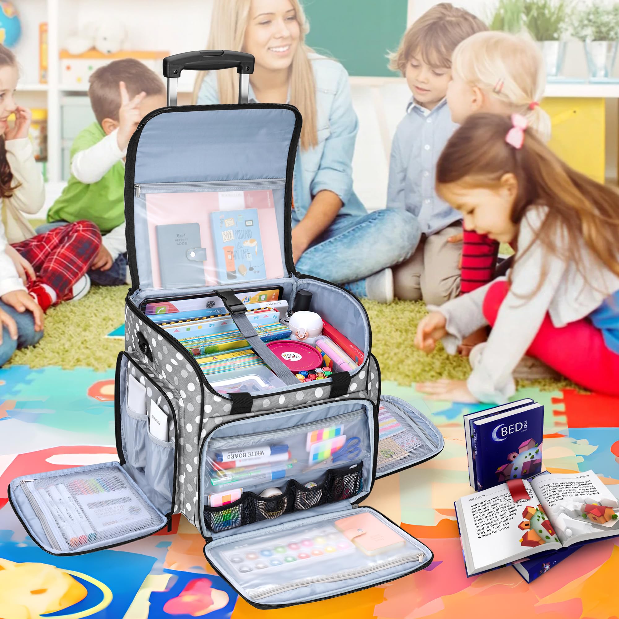Luxja Sac à roulettes pour Professeur avec Plusieurs Poches et Coussin de Soutien Inférieur, Sac de Transport pour Enseignant avec Chariot Détachable (Brevet de Conception), Pois Gris