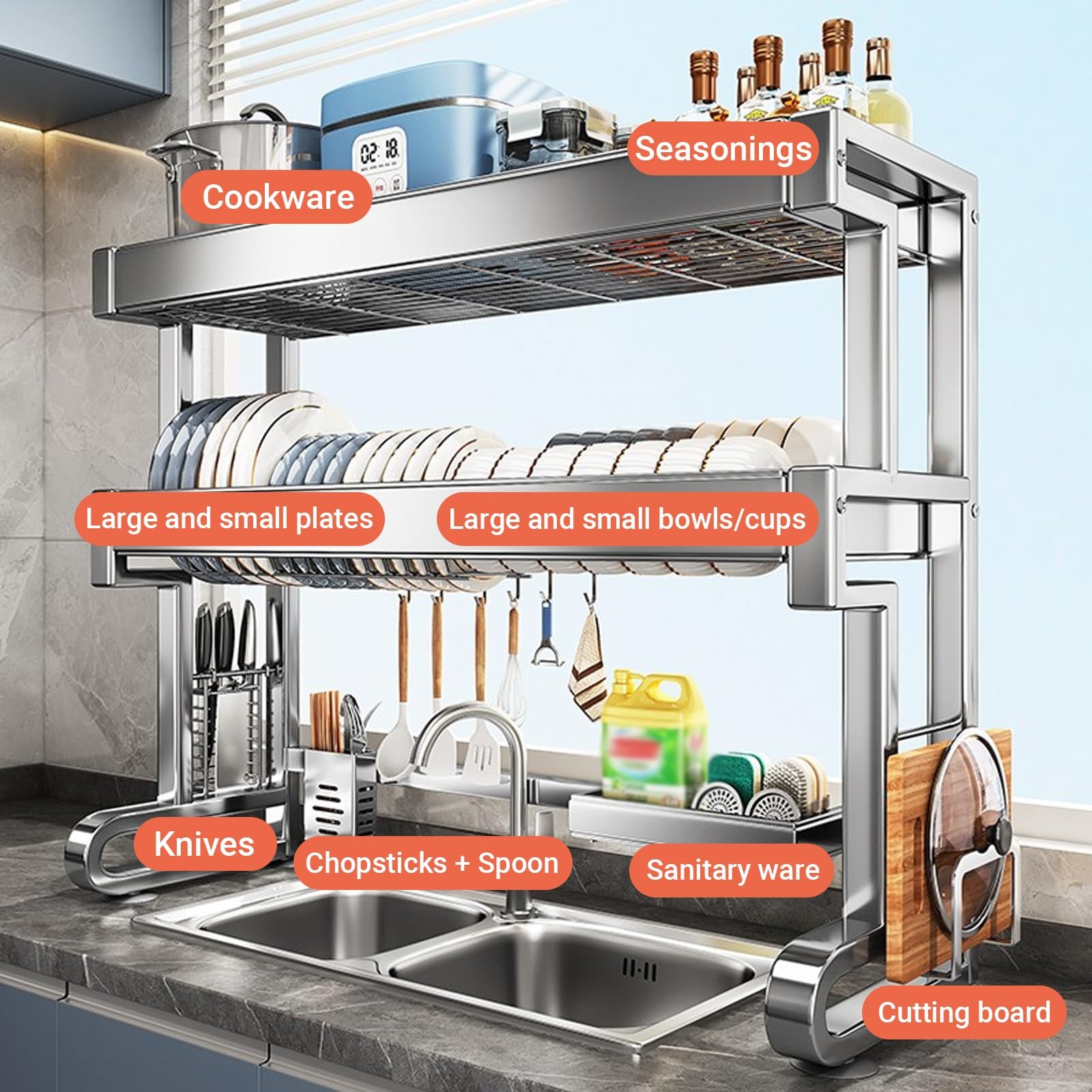 Escurridor de platos de acero inoxidable 304 de 2 niveles, organizador de almacenamiento de cocina para platos, vasos, cuencos y cubiertos