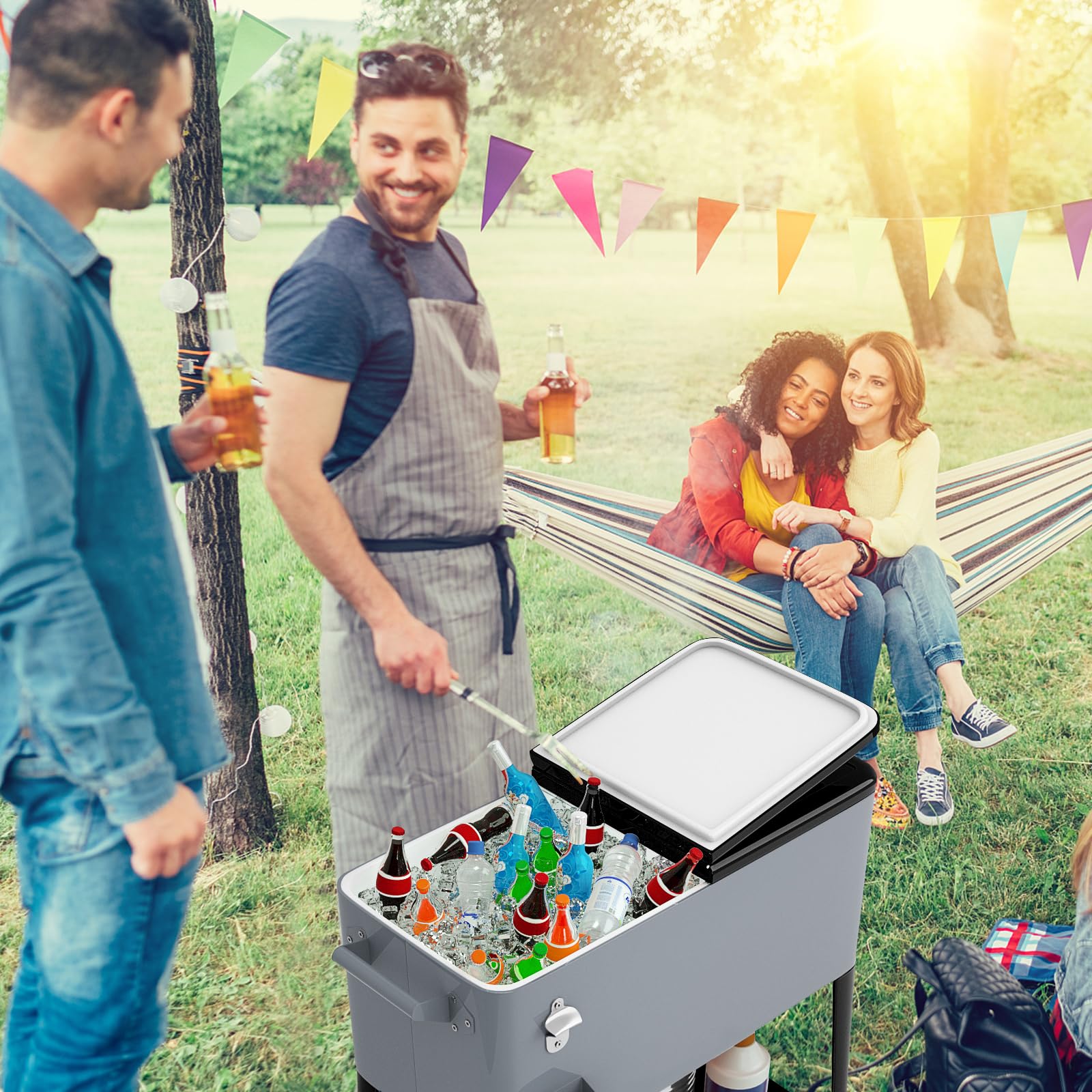 COSTWAY 76L Kühlwagen Beistellwagen, Servierwagen Kühlbox mit Rädern und Ablagefläche, Kühlbehälter Getränkewagen, Getränkekühler inkl. Flaschenöffner für Outdoor Terrassen Party (Silber)