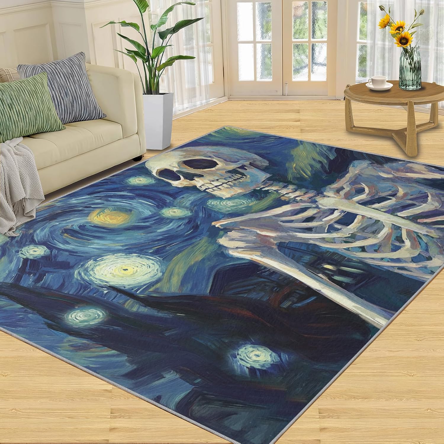 3x5 Area Rug - Starry Night Skeleton Bones Outdoor Rug for Porch, Post-Impressionist Art Oil Painting Area Rug Washable Non Slip for Bedroom Kitchen Living Room Entryway