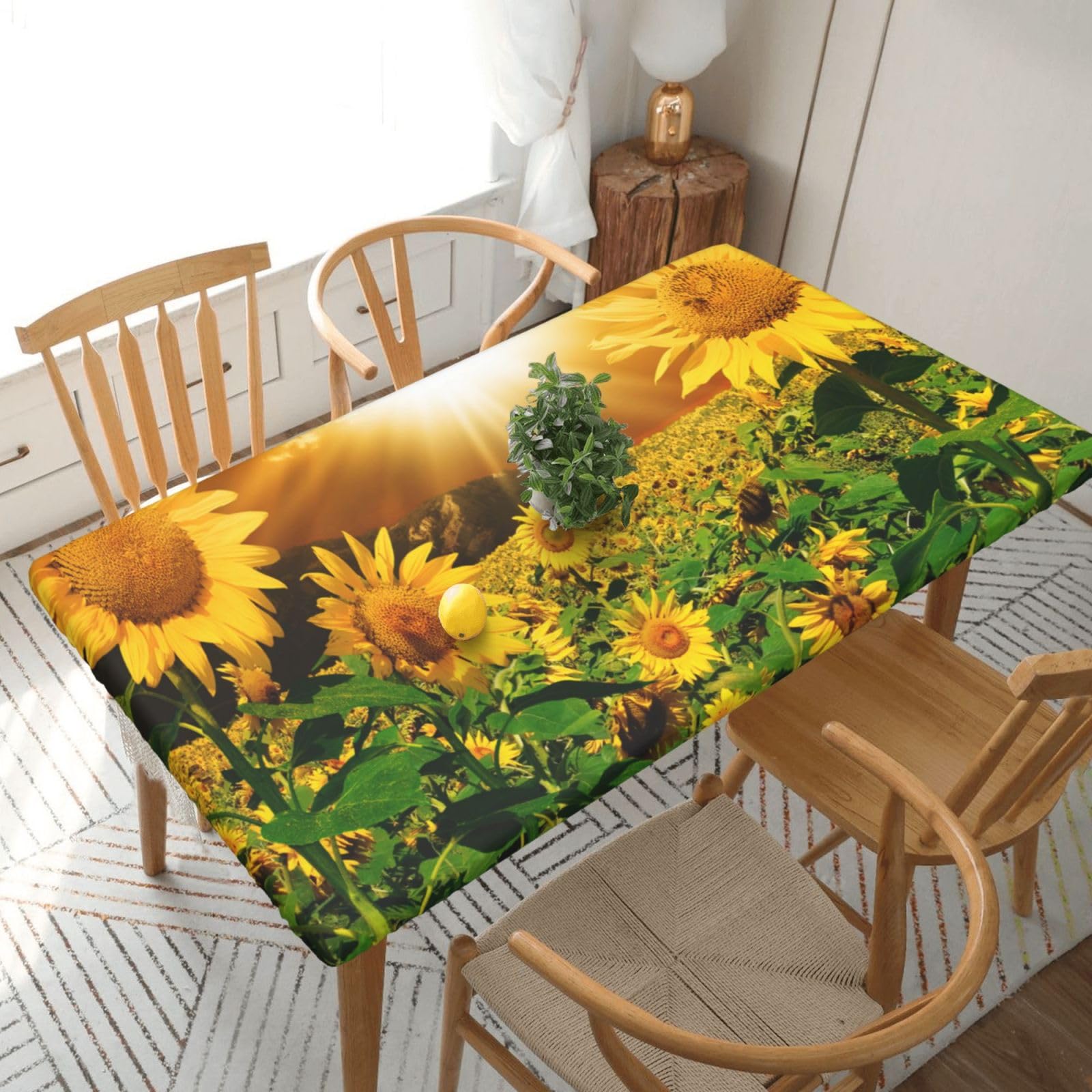 DCEHGEW Elastic Fitted Rectangle Tablecloth for 5ft Tables, Yellow Sunflower Blooming Printed Oilproof & Washable Fabric Picnic Table Cloth Table Covers