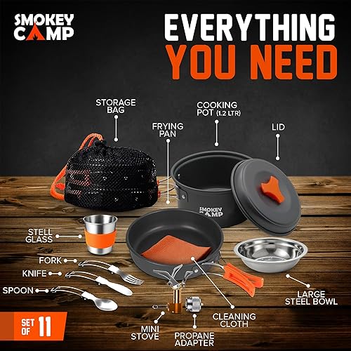 Miniatura 3 de Juego de utensilios de cocina para acampar con estufa, juego de ollas y sartenes de camping, todo en uno, antiadherente, estufa portátil,