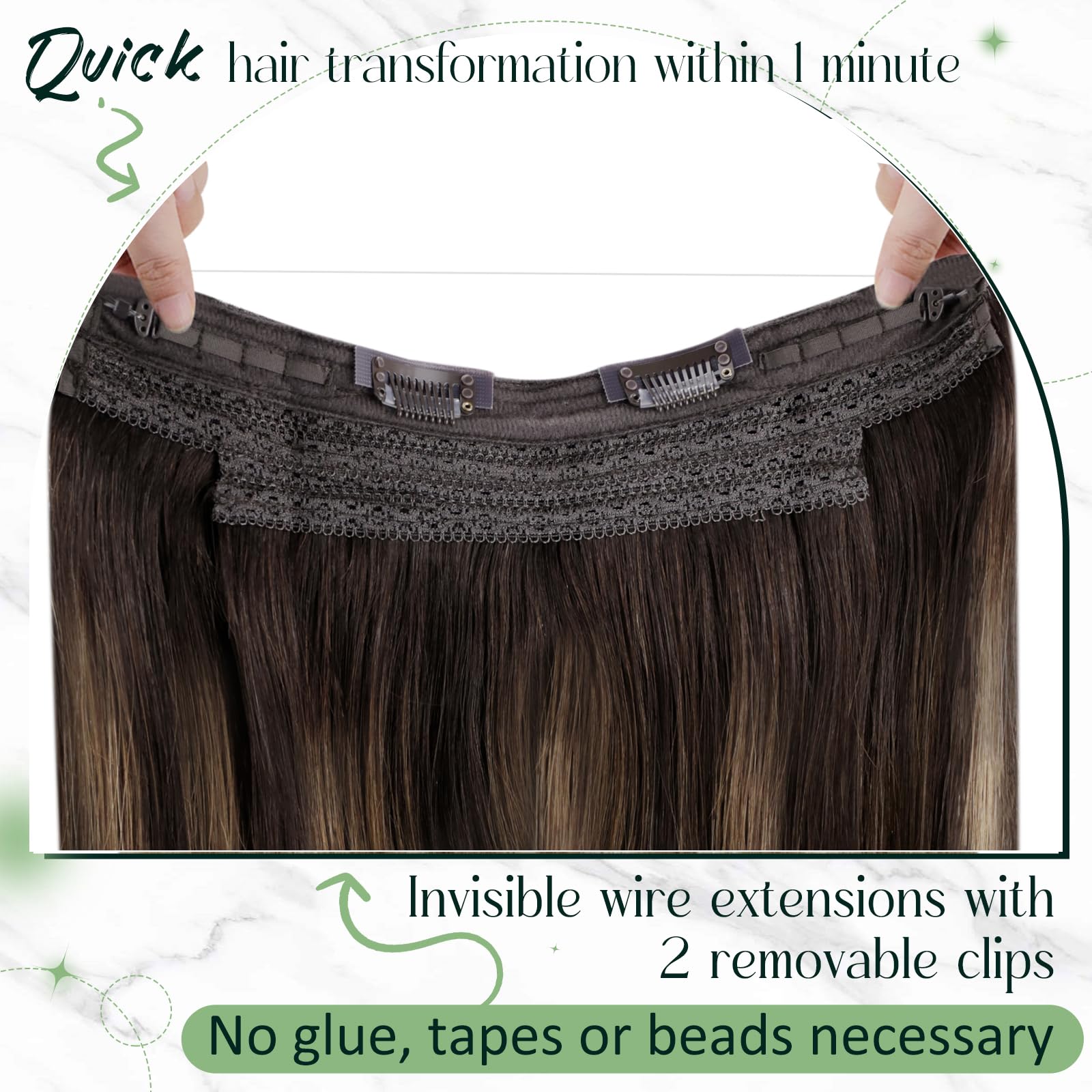 RUNATURE Wire Hair Extensions Human Hair Balayage Brown Wire Hair Extensions Remy Ombre One Piece Extensions Real Hair Straight 20 Inch 100 Gram - Image 4