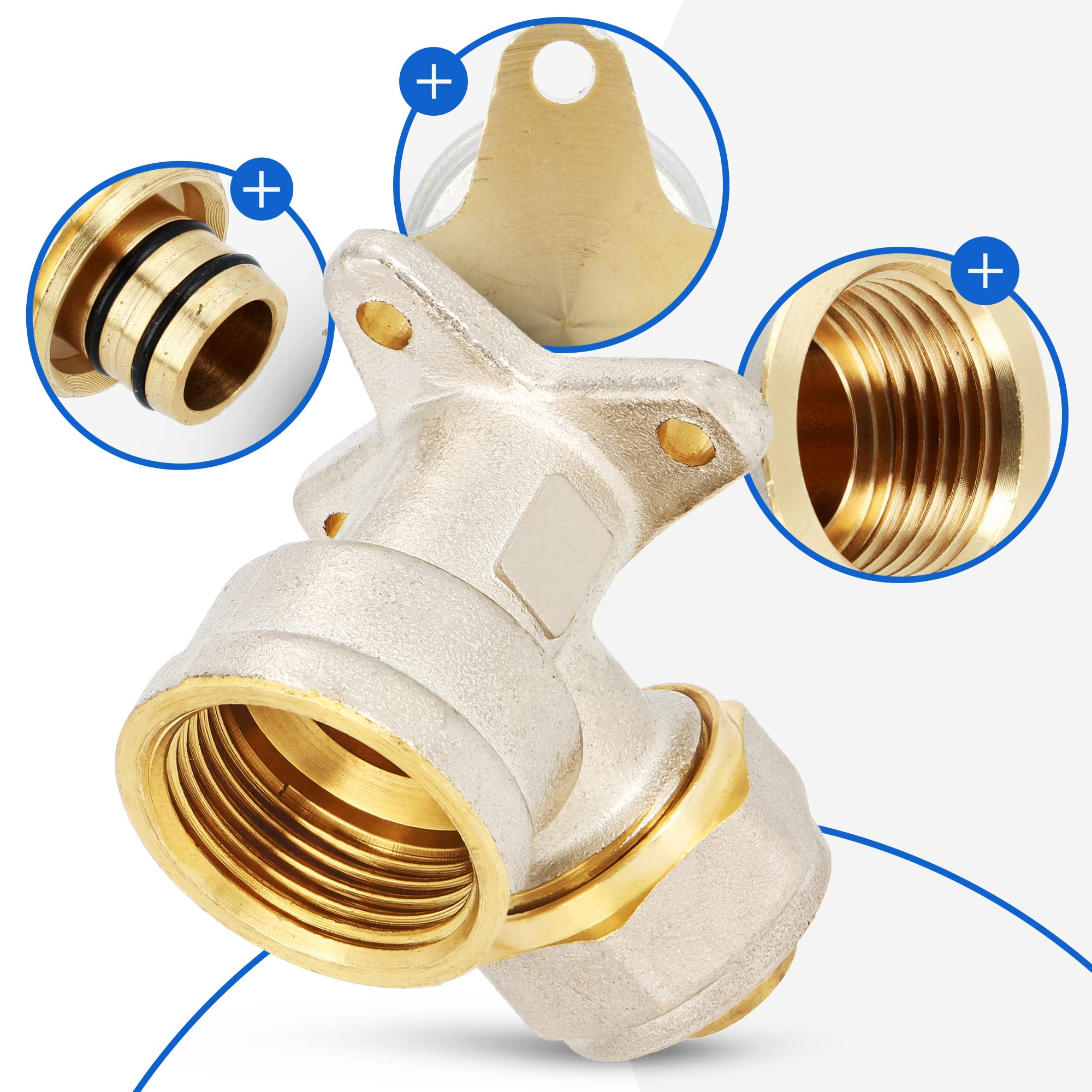 Codo PEX con arandela de pared 20 x 3/4" IG - Calefacción de agua - Pieza en V - Montaje de tornillo - Placa de compresión - Conexión de tubería