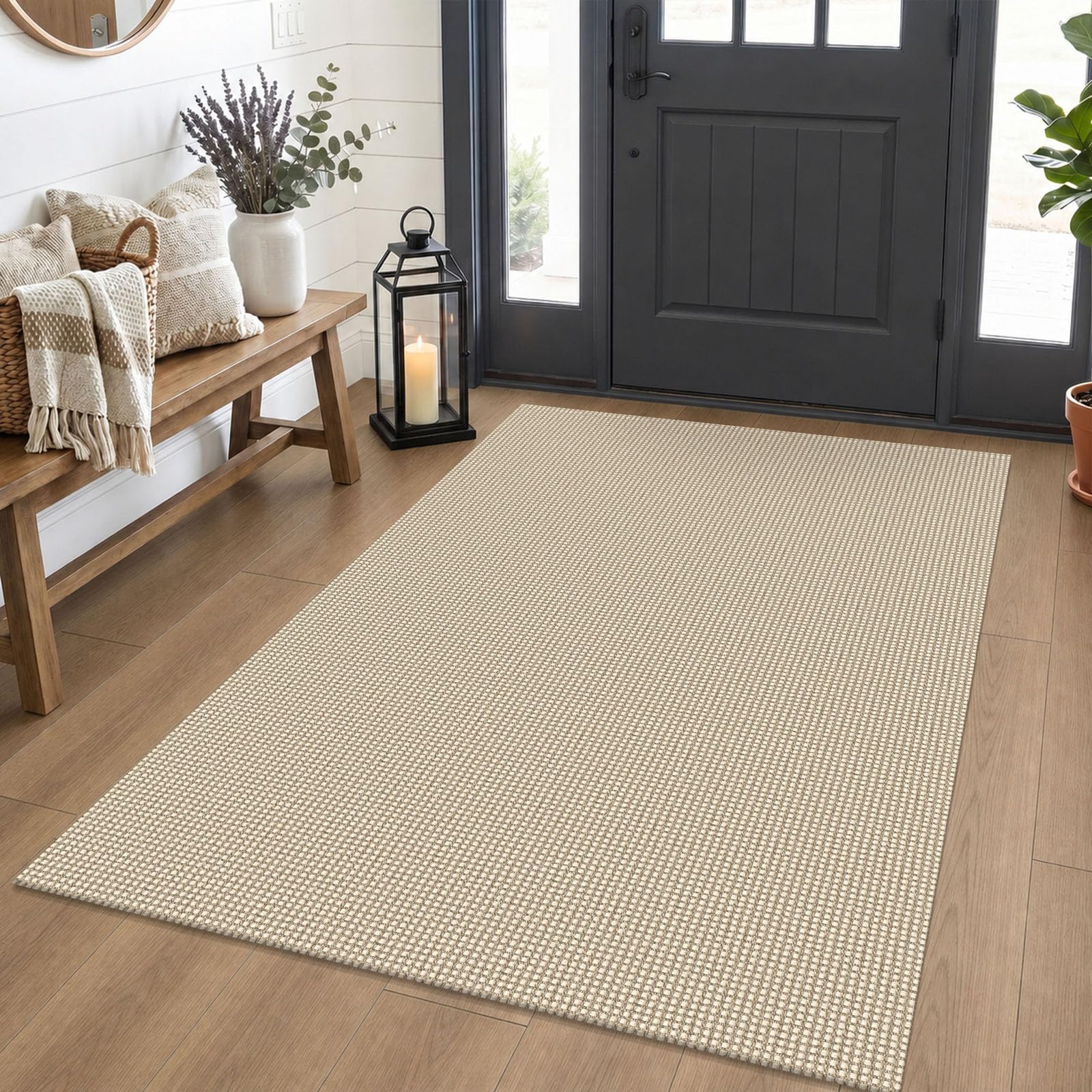 IOHOUZE Washable Area Rug 4x5 Non Slip Rubber Backed Woven Rugs for Entryway Indoor Bedroom Rugs Kitchen Rug Floor Throw Carpet for Entrance Front Door Living Room, Cream/Beige