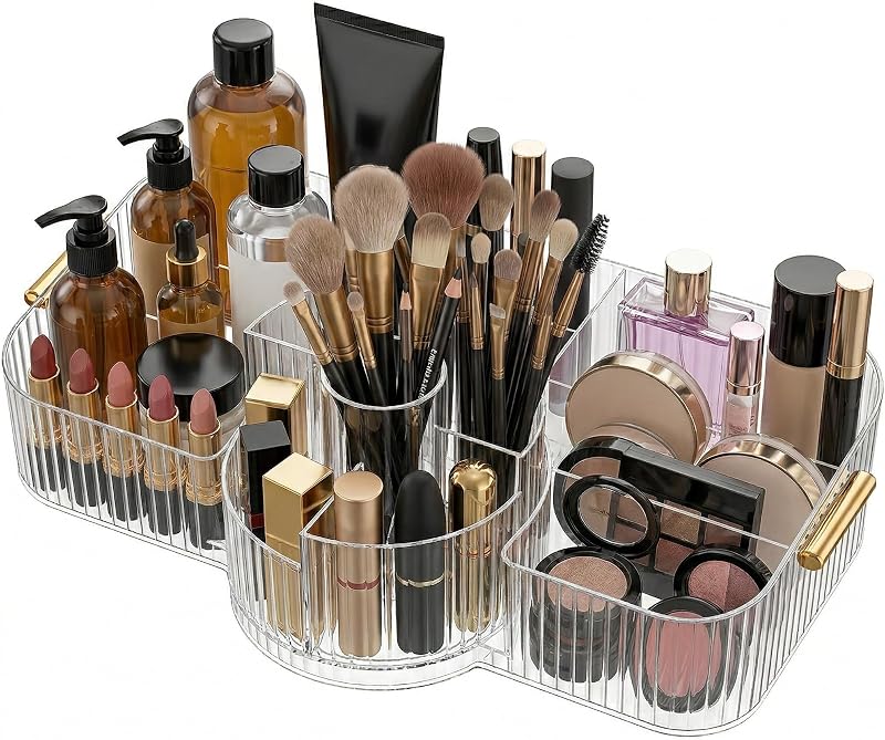 Organizador giratório para cosméticos Mizrijoo com suporte para pincéis, 13 compartimentos e acabamento dourado, 1 unidade