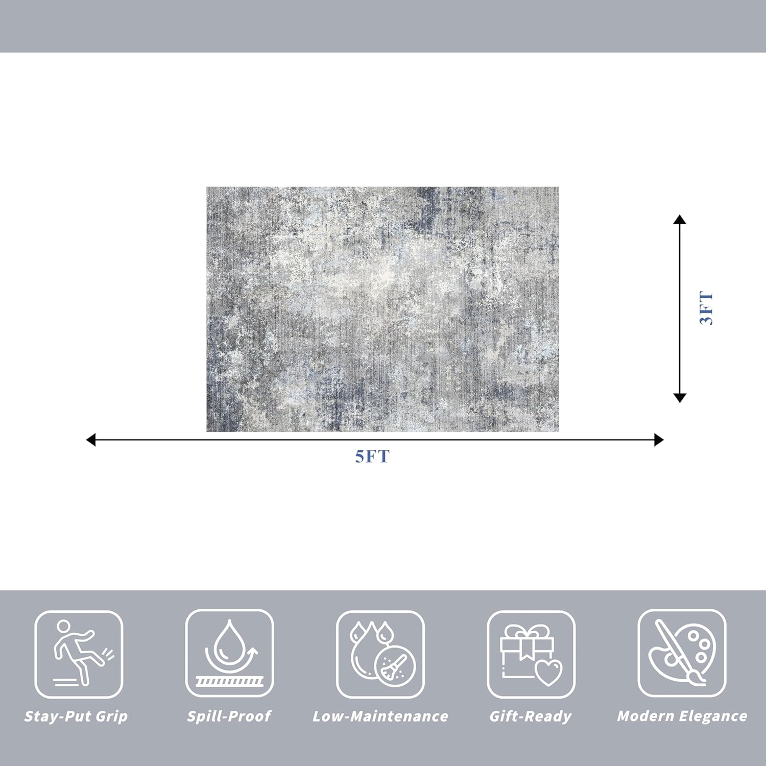 3x5 Washable Entryway Rug – Non-Slip Rubber Backed Small Area Rug for Kitchen, Bedroom, Living Room, Office – Soft Low-Pile Thin Modern Abstract Neutral Throw Rug ?Blue Gray,3x5? 3' x 5' (Rectangular) Blue Gray