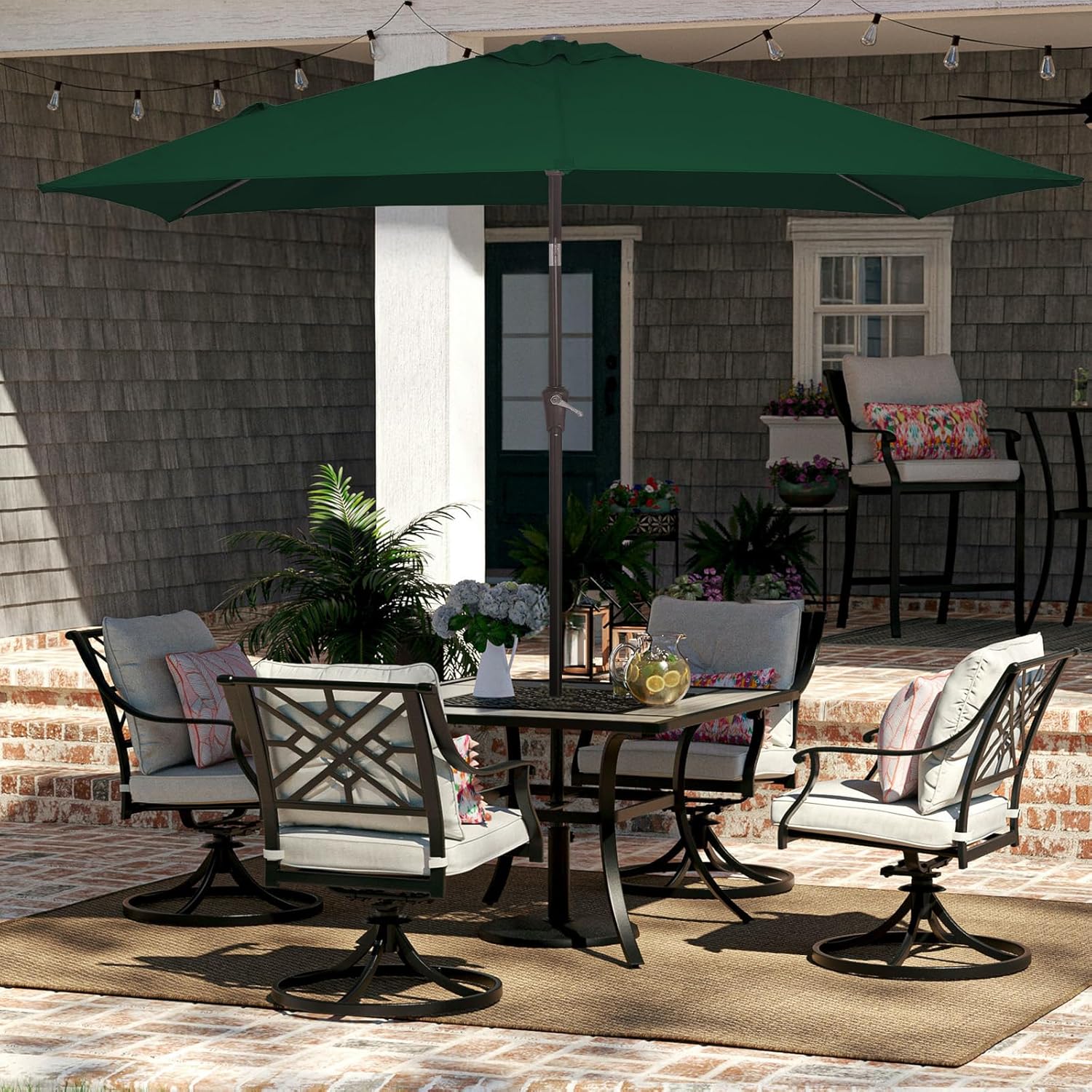 JEAREY 6.5x10 ft Rectangular Patio Umbrellas Rectangle Outdoor Umbrella with Push Button Tilt and Crank, Market Table Umbrella 6 Sturdy Ribs UV Protection for Poolside Garden Backyard Deck, Dark Green