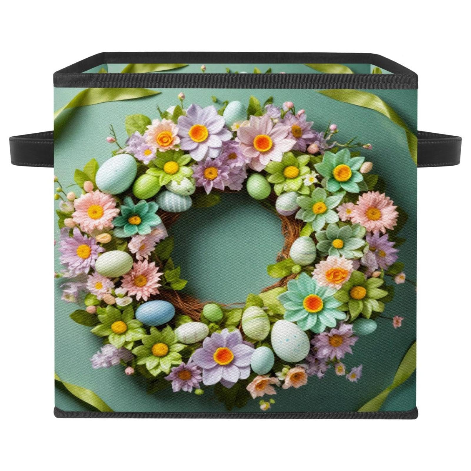 Boîte de rangement pliable verte avec poignées en cuir pour étagères de maison
