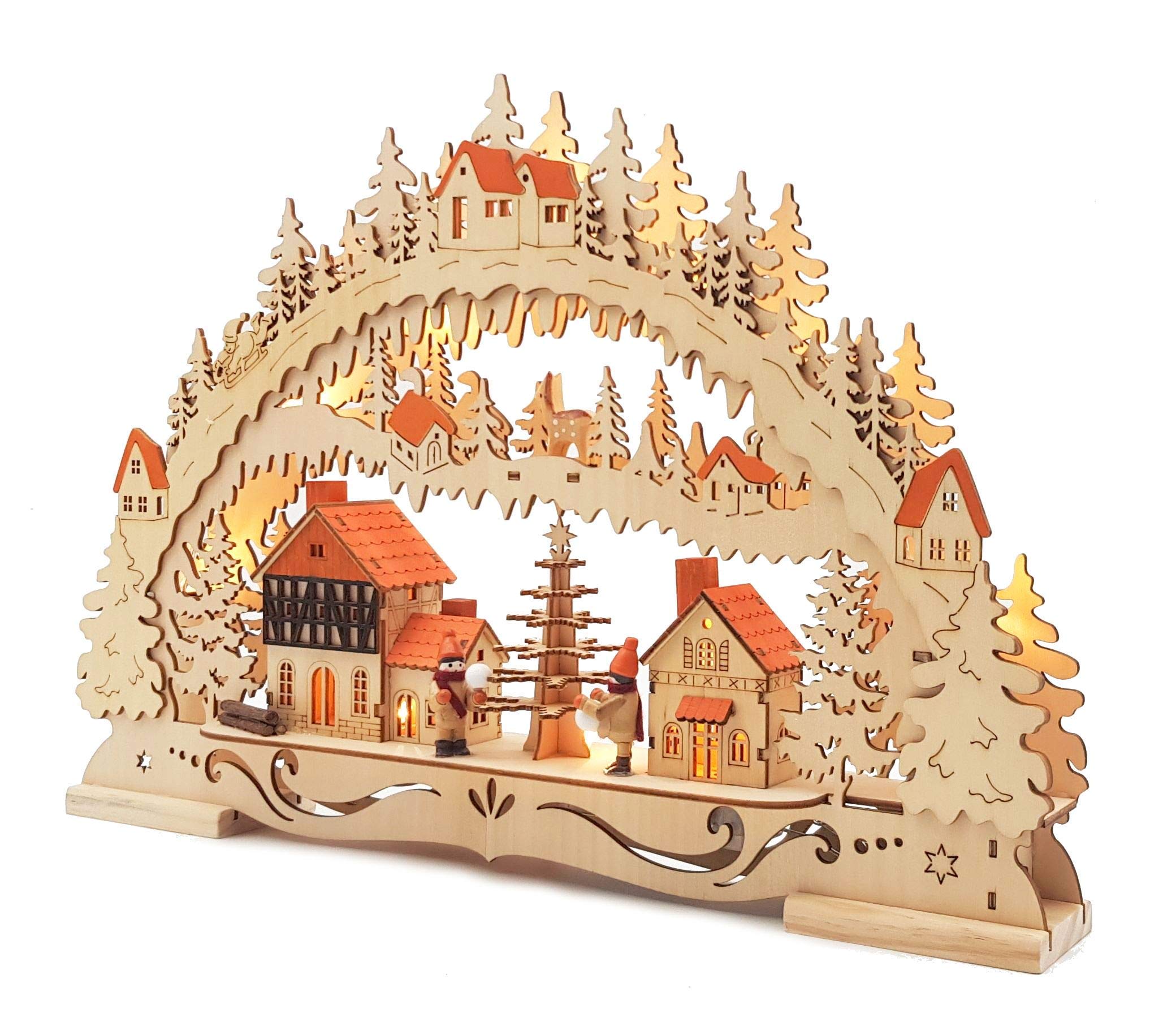 Wichtelstube-Kollektion Holzkunst LED Schwibbogen Weihnachtsstadt Schwippbogen Lichterbogen, Weihnachtsdeko Fensterbank Echtholz, Batteriebetrieben mit Timer, 44cm Breite