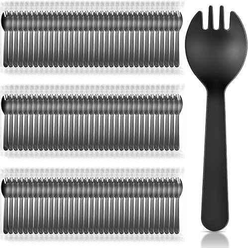 150 tenedores desechables de plástico envueltos individualmente de 4.5 x 1.26 pulgadas, juego de tenedor y cuchara 2 en 1, utensilios desechables
