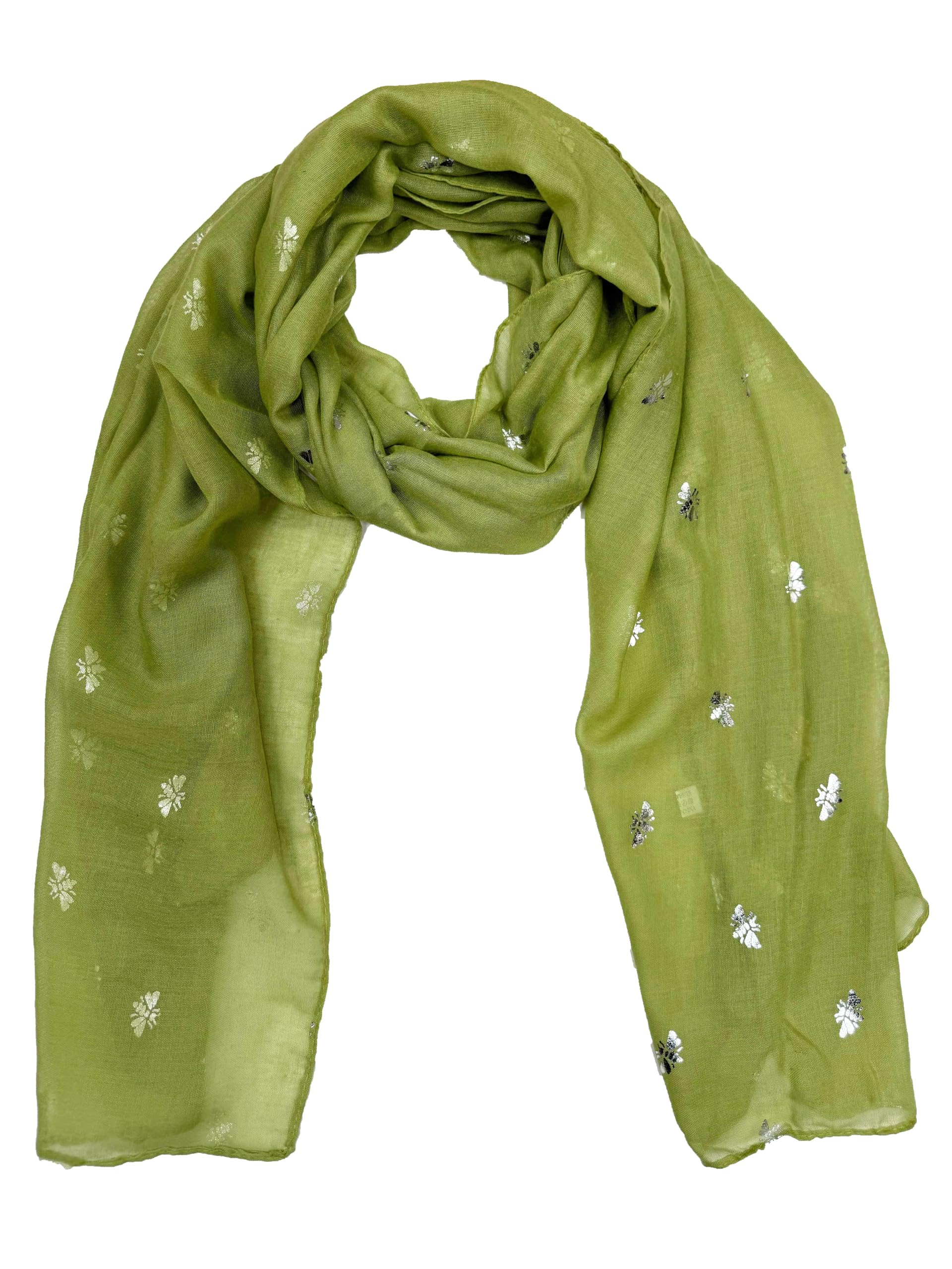 Zac's Alter Ego Women's Olive Green Scarf With Silver Foil Metallic Glitter Bee Print