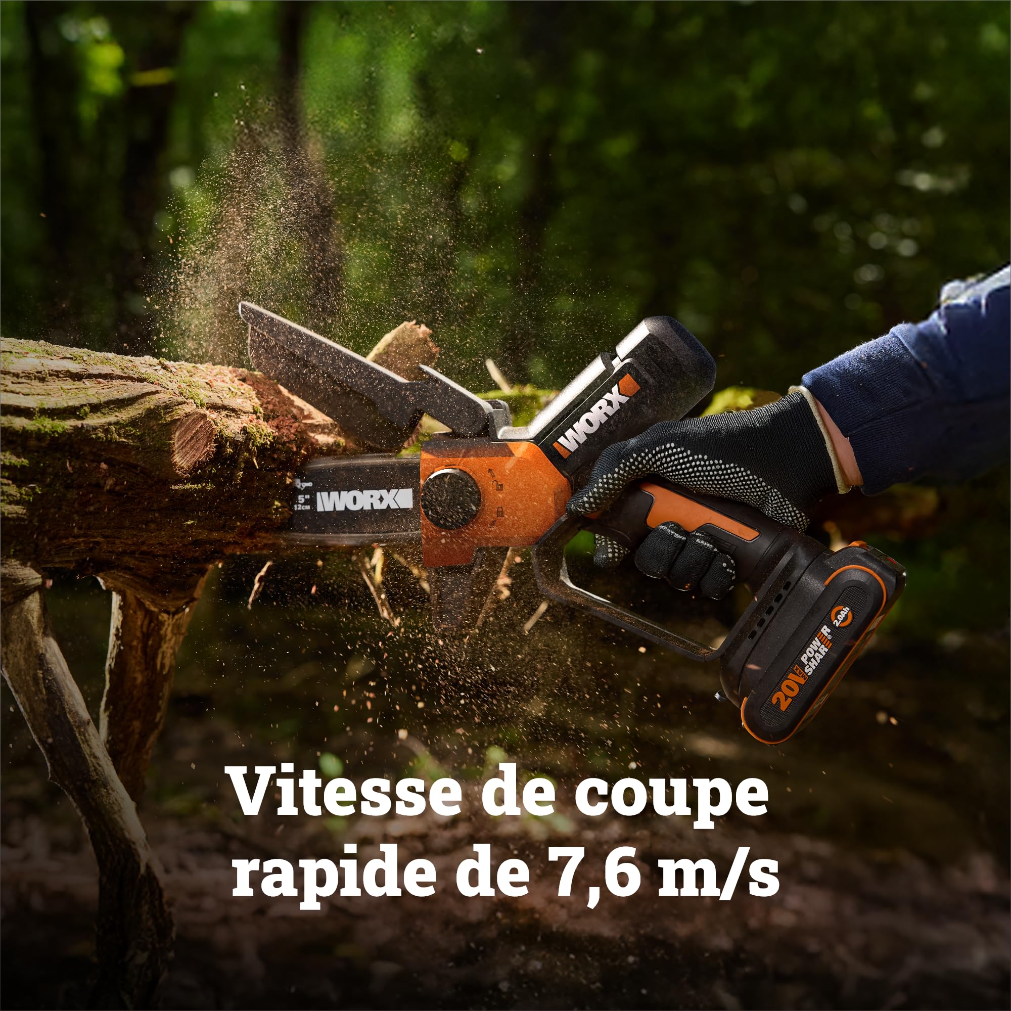 WORX Élagueuse Mini Tronçonneuse sans fil 20V WG326E.9, guide de 12 cm, moteur puissant, compacte et ergonomique, pour élagage, taille, ébranchage, tronçonnage, livrée sans batterie ni chargeur