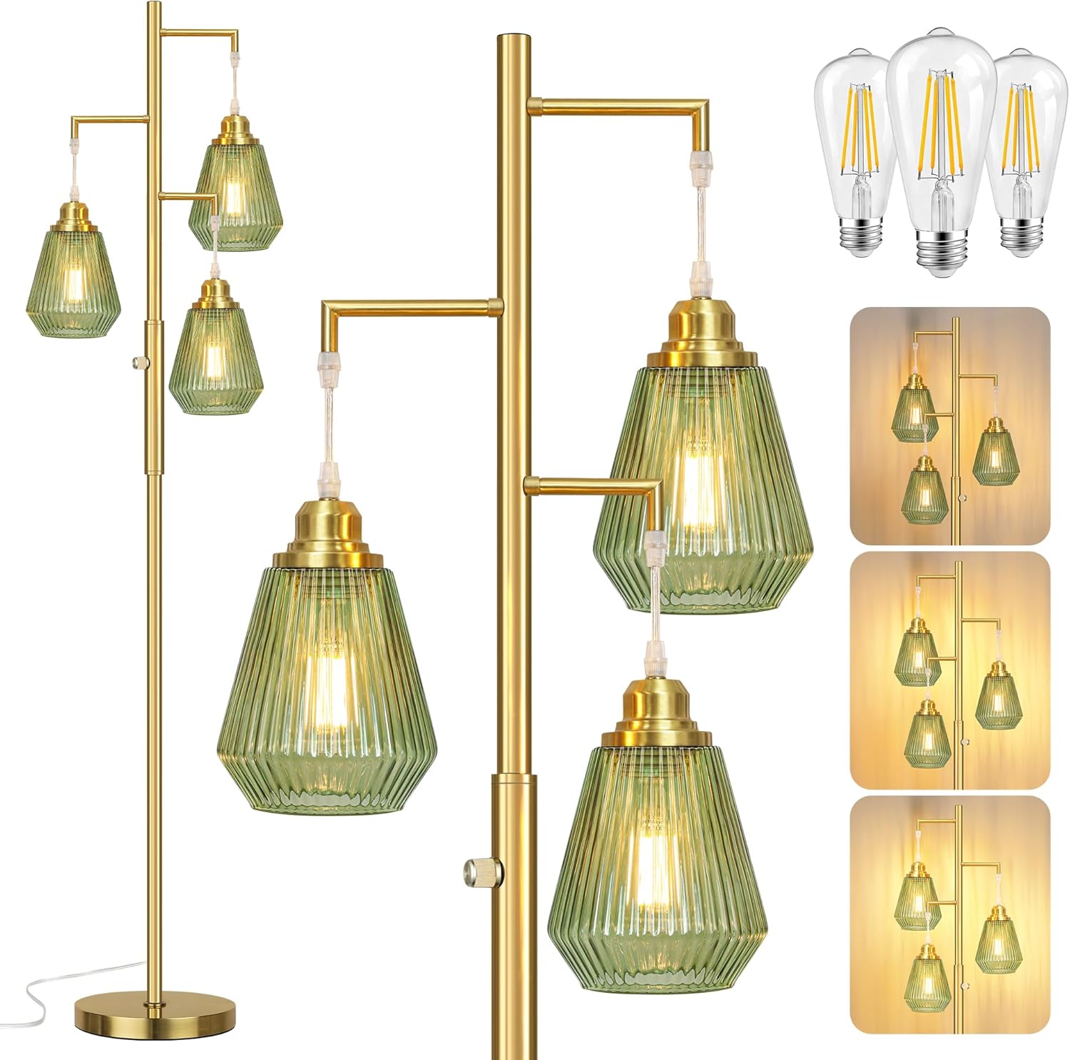 QiMH Glass Floor Lamps for Living Room, Tree Standing Lamp with Stepless Dimmable, 68" Modern Tall Lamps for Bedroom Home Office, Rotary Switch, 3 LED Bulb Included, Brushed Gold