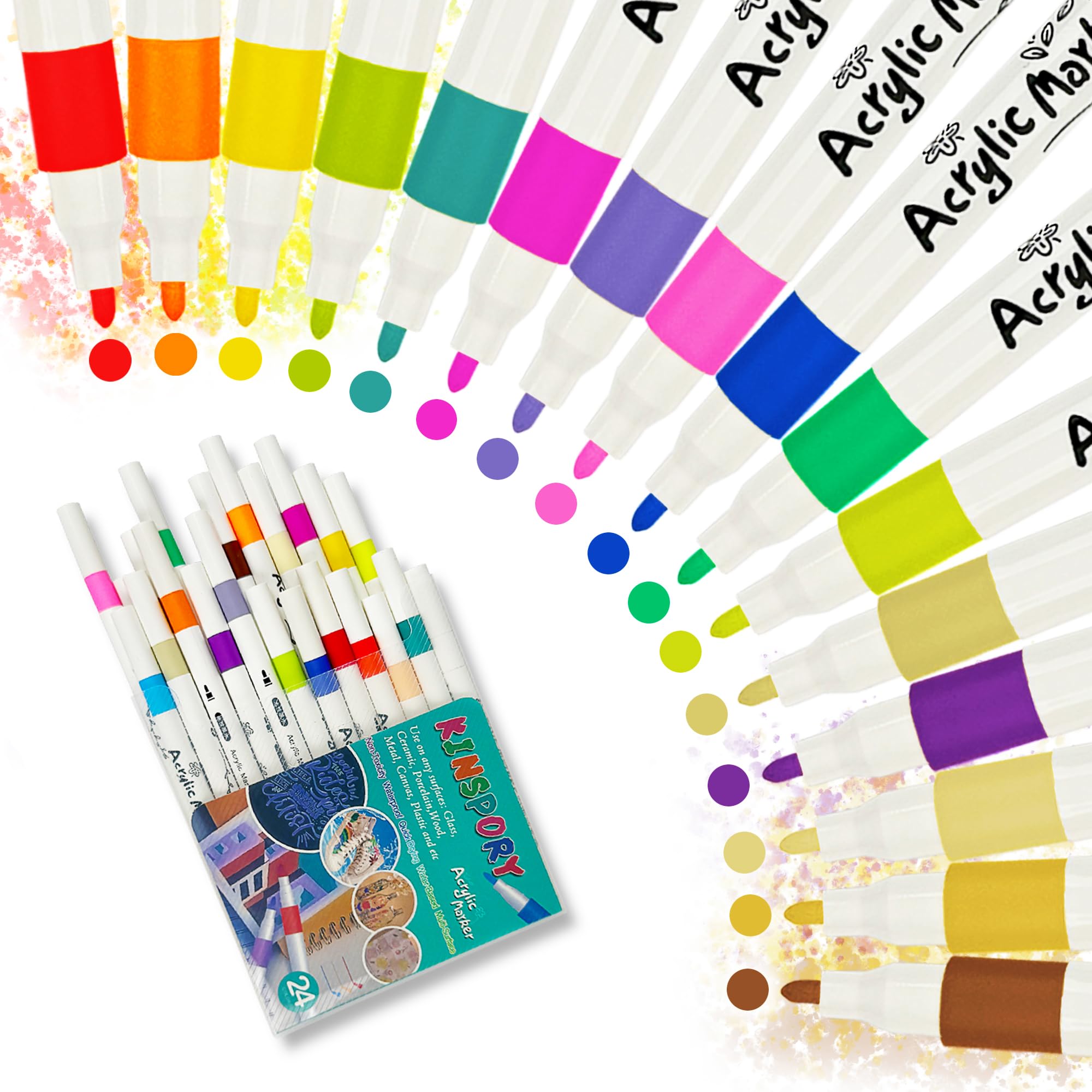 KINSPORY Rotuladores Acrílicos 24 Colores, Marcador Acrílicos para Roca, Cristal, Cerámica, Plastico