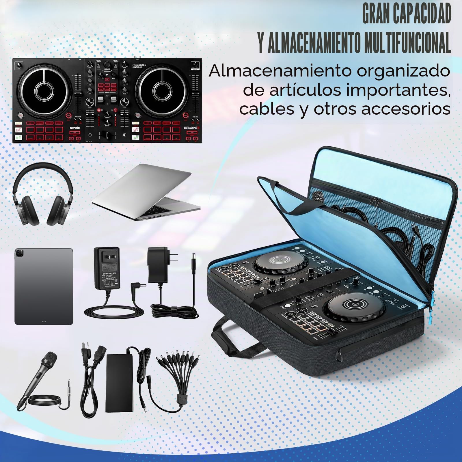 SUNDOY Bolsa de Transporte para DJ Compatible con Pioneer/Numark/Hercules, Estuche de Transporte a Prueba de Golpes con Correa para el Hombro y Compartimentos para Accesorios, Negro, 55x32x12-CM