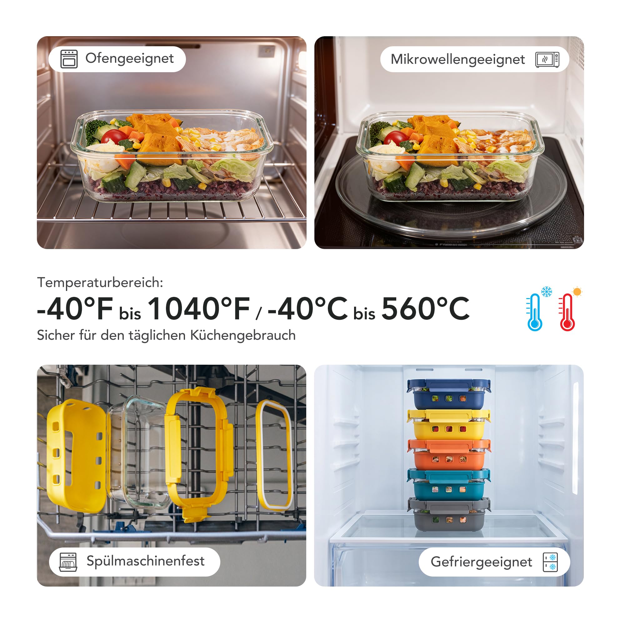 Glasvorratsdosen mit Glasdeckel & Dampfventil,1050 ml*5 Borosilikatglas Behälter mit Silikonhülle,auslaufsicher &luftdicht, für Meal Prep & Kühlschrank Organizer, mikrowellen-backofengeeignet,BPA-frei