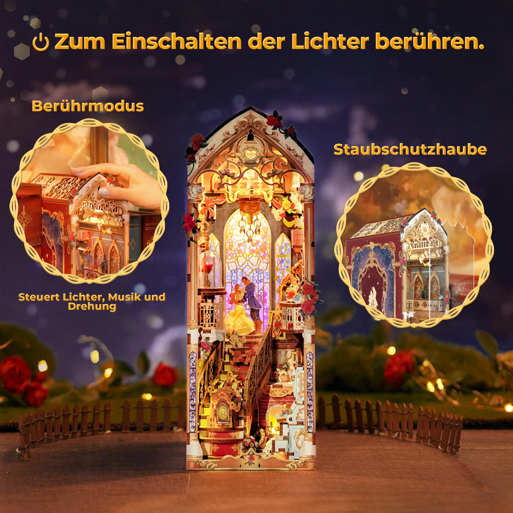 Tonecheer Book Nook Kit mit Staubschutz und LED-Licht, 3D Puzzle Buchstützen aus Holz, Kreative Buchstütze für Bibliothek, DIY Set Erwachsene Geschenkideen(Die Schöne und das Biest)