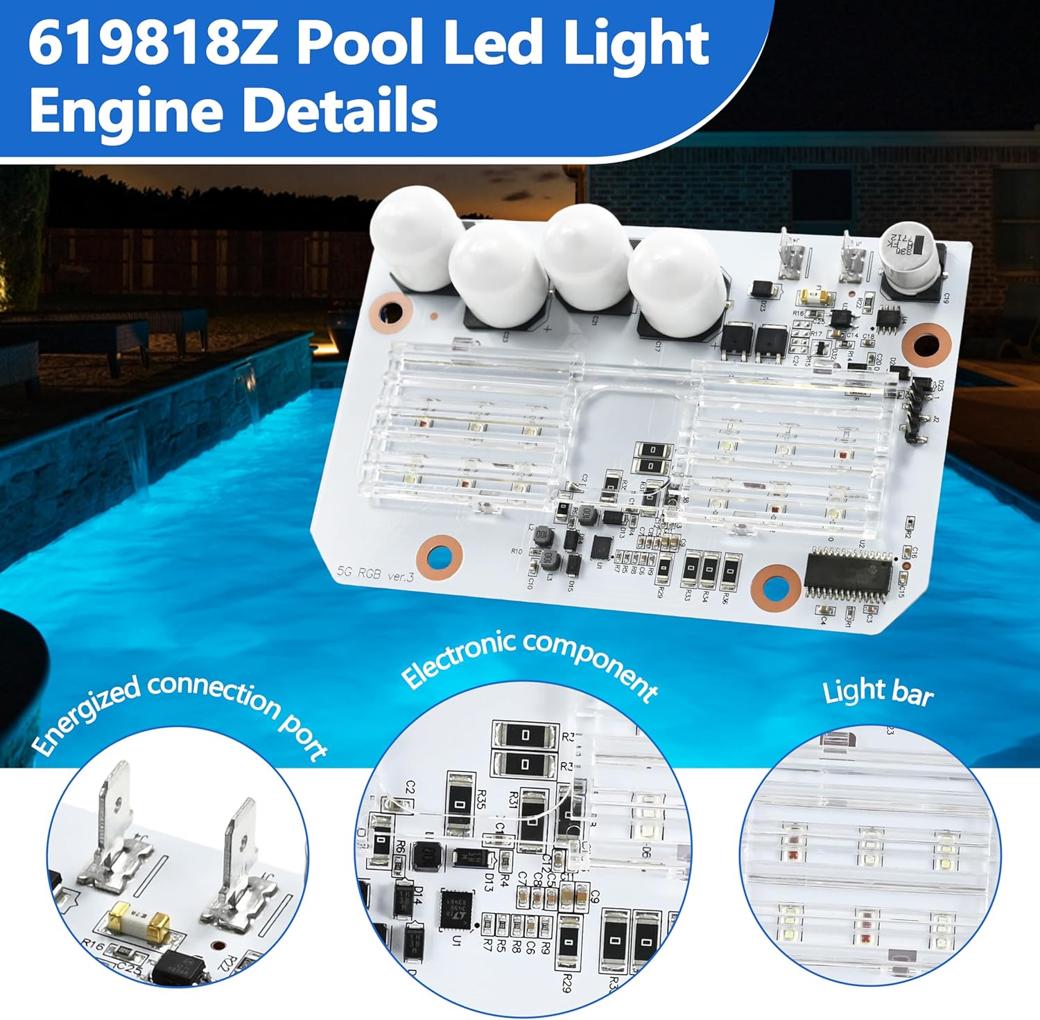 619818Z Led Light Engine Board Fit for IntelliBrite 5G Color LED Pool Light 2nd Generation 2010-Current, Compatible with Pentair Lights 601000 601001 601002 601003 601004 601010 601011, 12/120 VAC