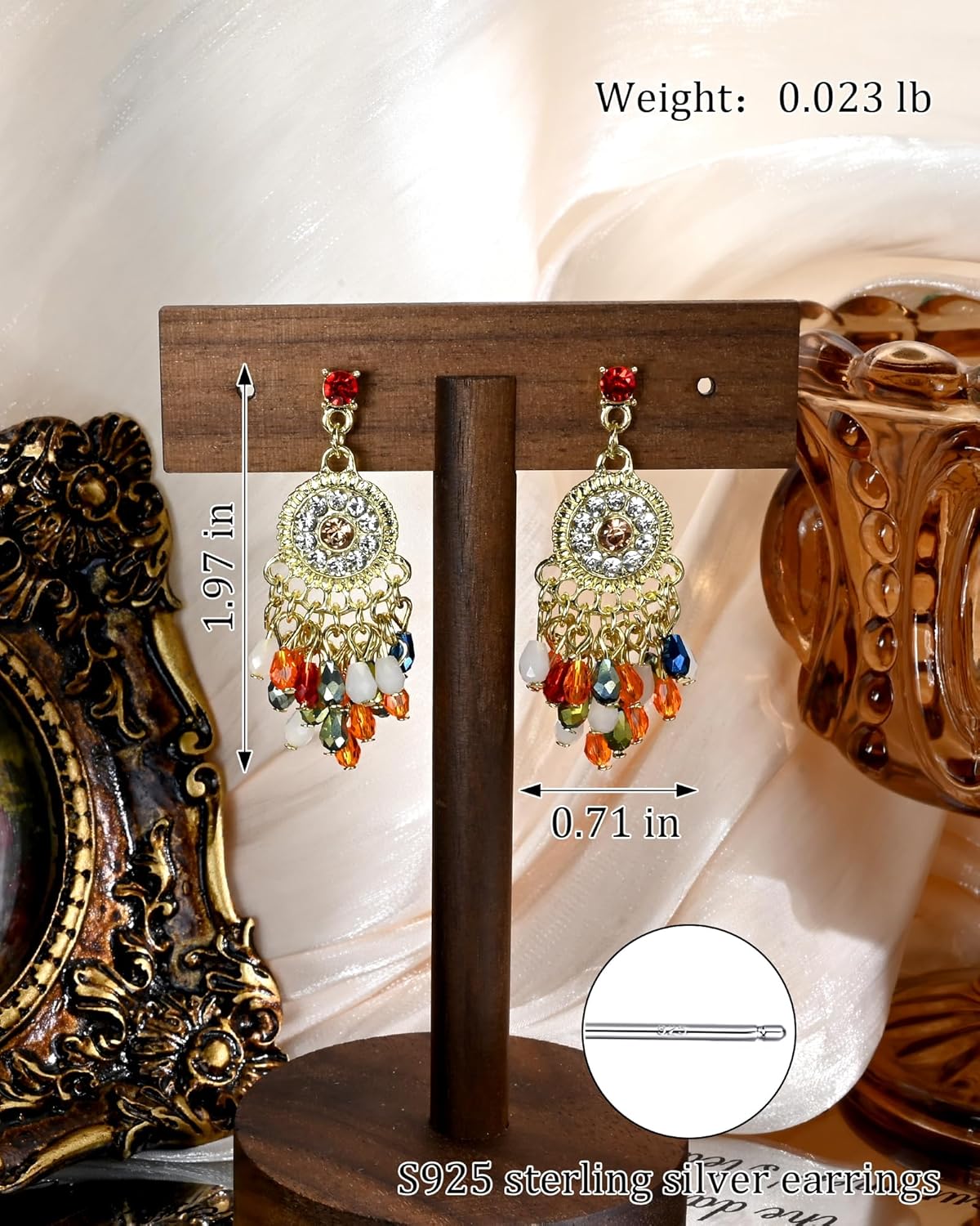 14k Gold Plated Boho Colorful Chain Burnt Orange Tassel Earrings with Blue Sapphire Red Ruby Cubic Zirconia Stone Bohemian Filigree Round Prom Dangle Drop Vintage Earrings for Women Trendy - Image 5