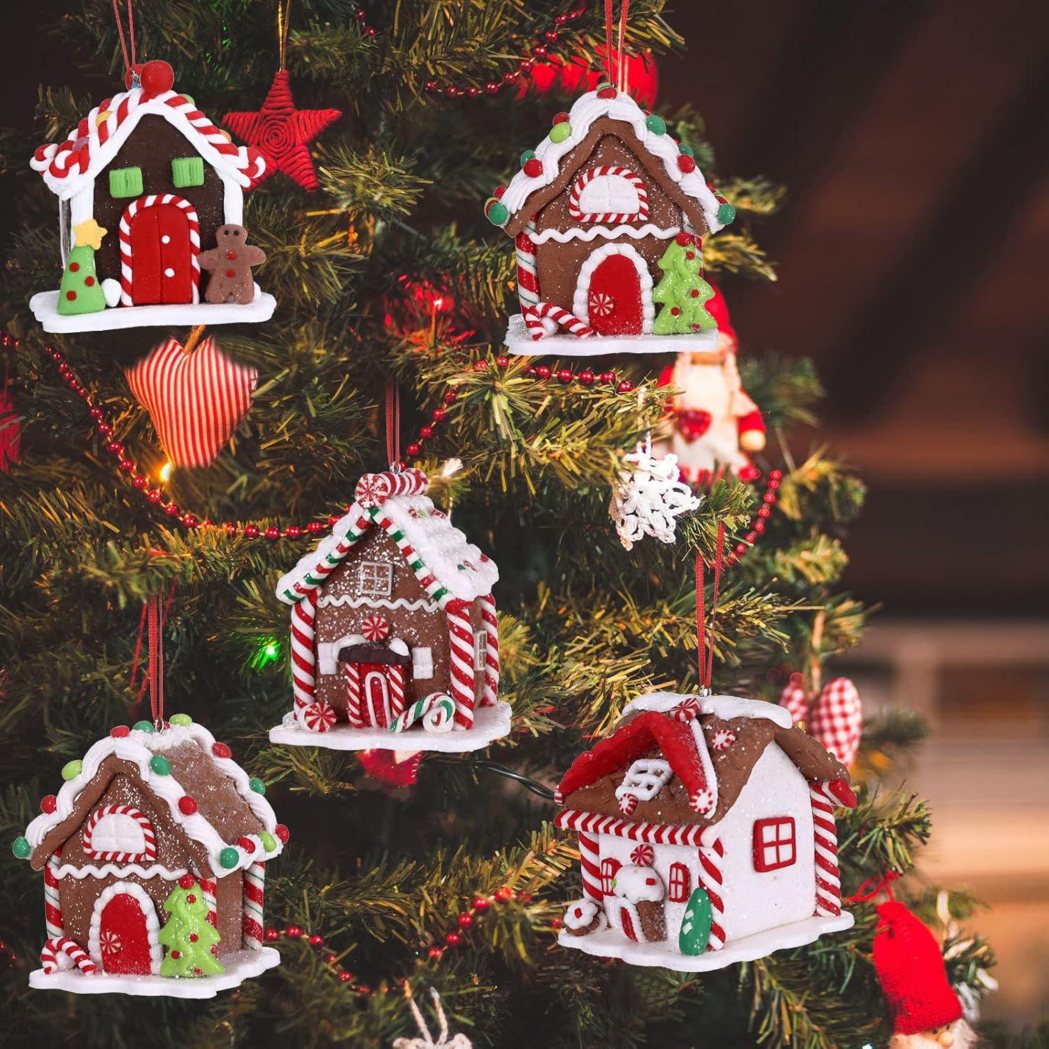 Funtery 6 Pcs Gingerbread House Ornaments for Christmas Tree Gingerbread Christmas Decor with Rope Xmas Hanging Ornaments for Tree Holiday Party New Year Home Decorations (Charming Style)