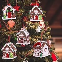 Vista 5 de Funtery 6 piezas Adornos de casa de pan de jengibre para árbol de Navidad, decoración navideña de pan de jengibre con cuerda, adornos navideños