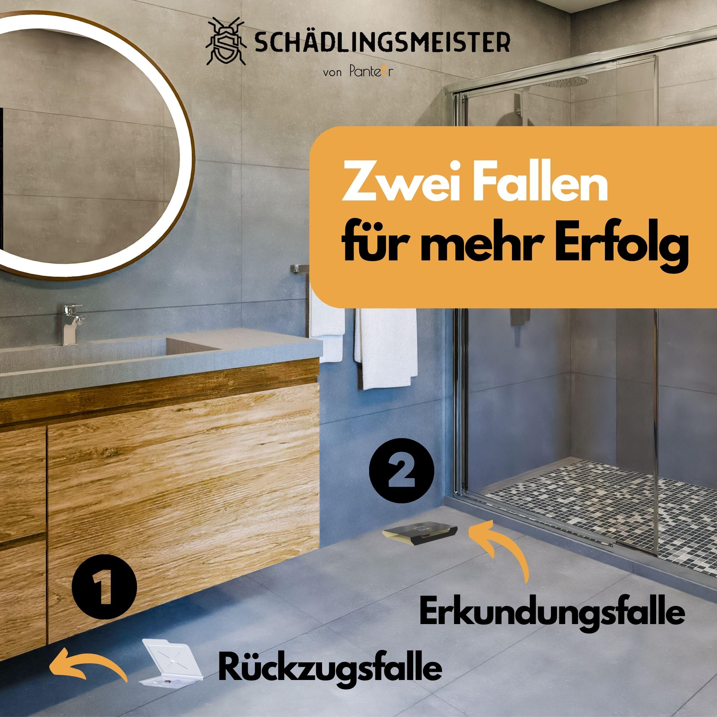 SCHÄDLINGSMEISTER ® Silberfische bekämpfen - 18 Stück - Zwei Fallen System - Silberfische Falle - 9 Fallen für die Laufwege und 9 patentierte Rückzugsfallen - Insektizidfrei - Silberfische Klebefalle