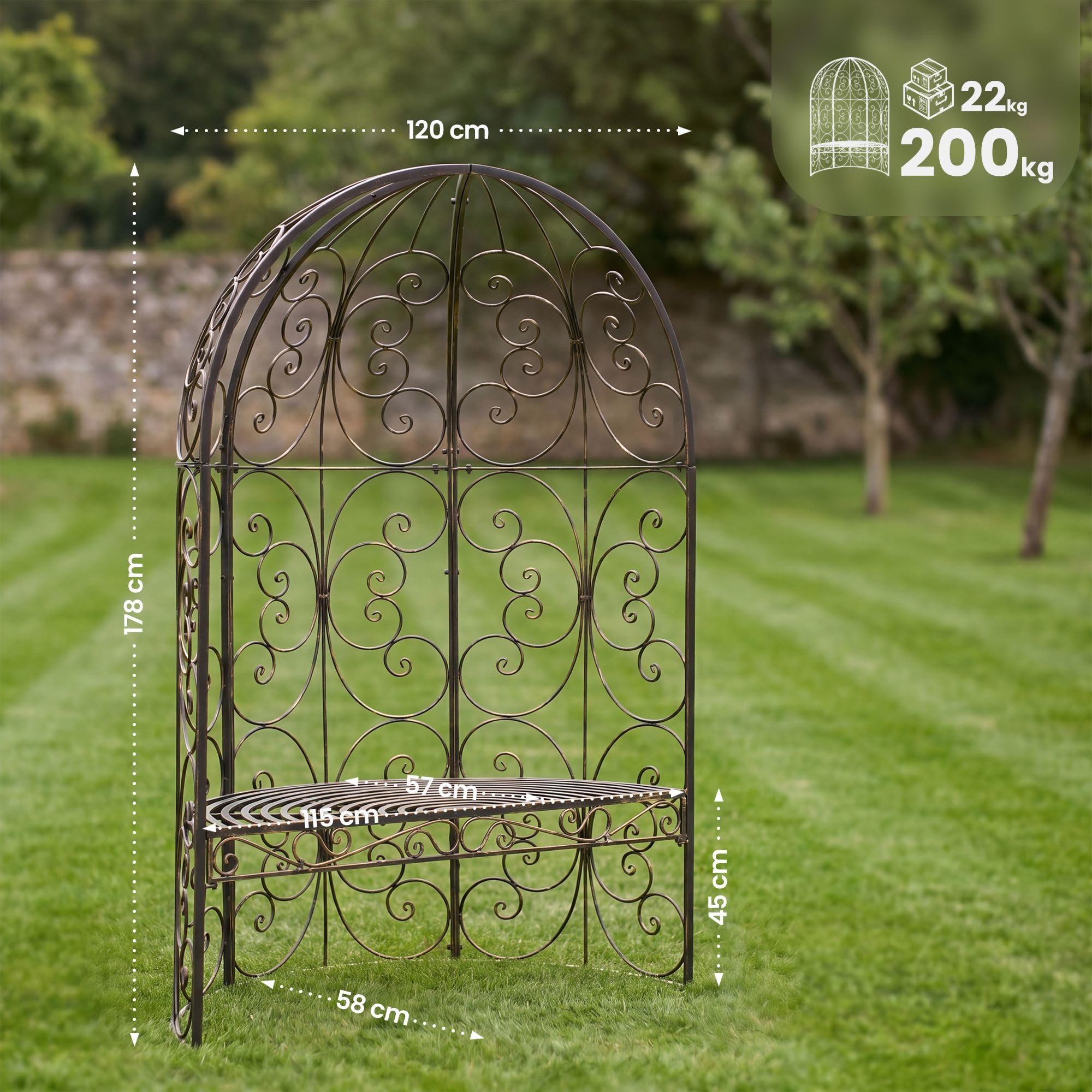 CLP Eisen-Gartenbank Rosie Mit Überdachung I Bank Mit 2 Sitzplätzen I Dekorativer Bepflanzbarer Gartenpavillon Mit Bank I Eisen-Laubenbank, Farbe:Bronze