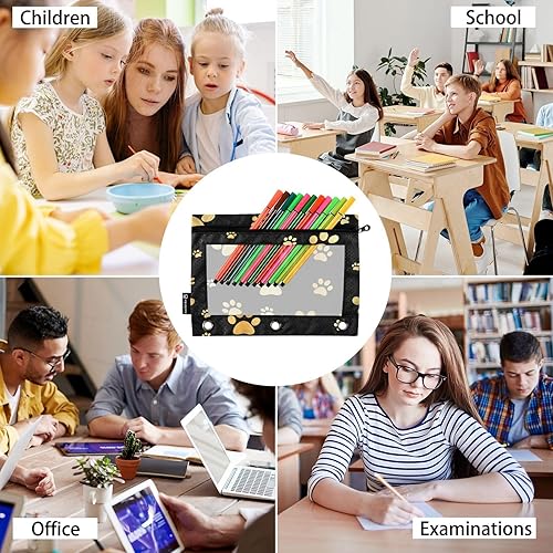 Miniatura 6 de Emelivor Estuche para lápices de 3 anillos con estampado de huellas de perro dorado con cremallera, estuche transparente para lápices, bolsas para