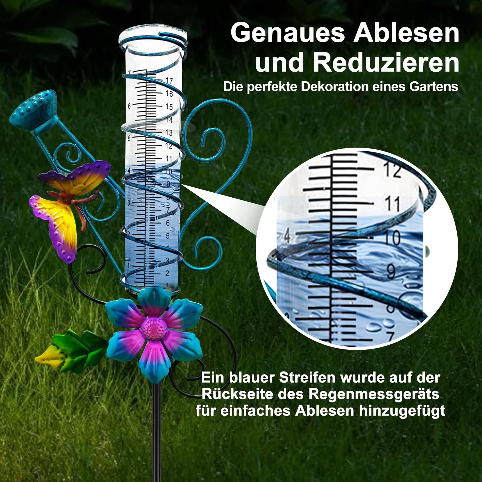 HOSPAOP Pluviomètre Solaire de Jardin avec LED et Piquet – Verre Résistant au Gel, Mesure Précise des Précipitations pour Pelouse, Terrasse, Champs, Patio, Déco Extérieure