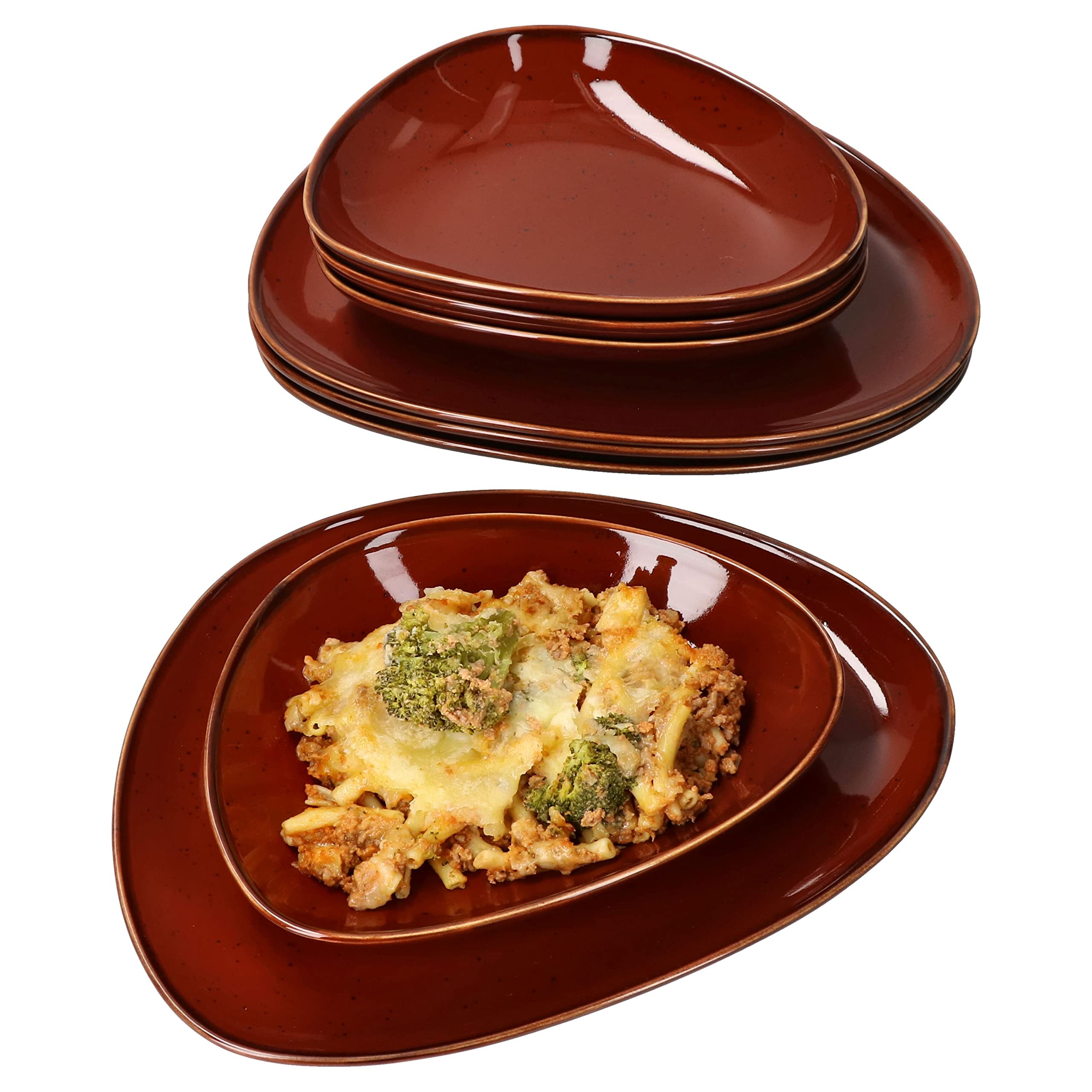 MamboCat 8tlg. Tafel-Service Marron Taste für 4 Personen I kastanienfarbenes Porzellan-Geschirr I jedes Teil EIN Unikat I 4X Suppenteller 400 ml + 4X Speiseteller flach I gerundete organische Form