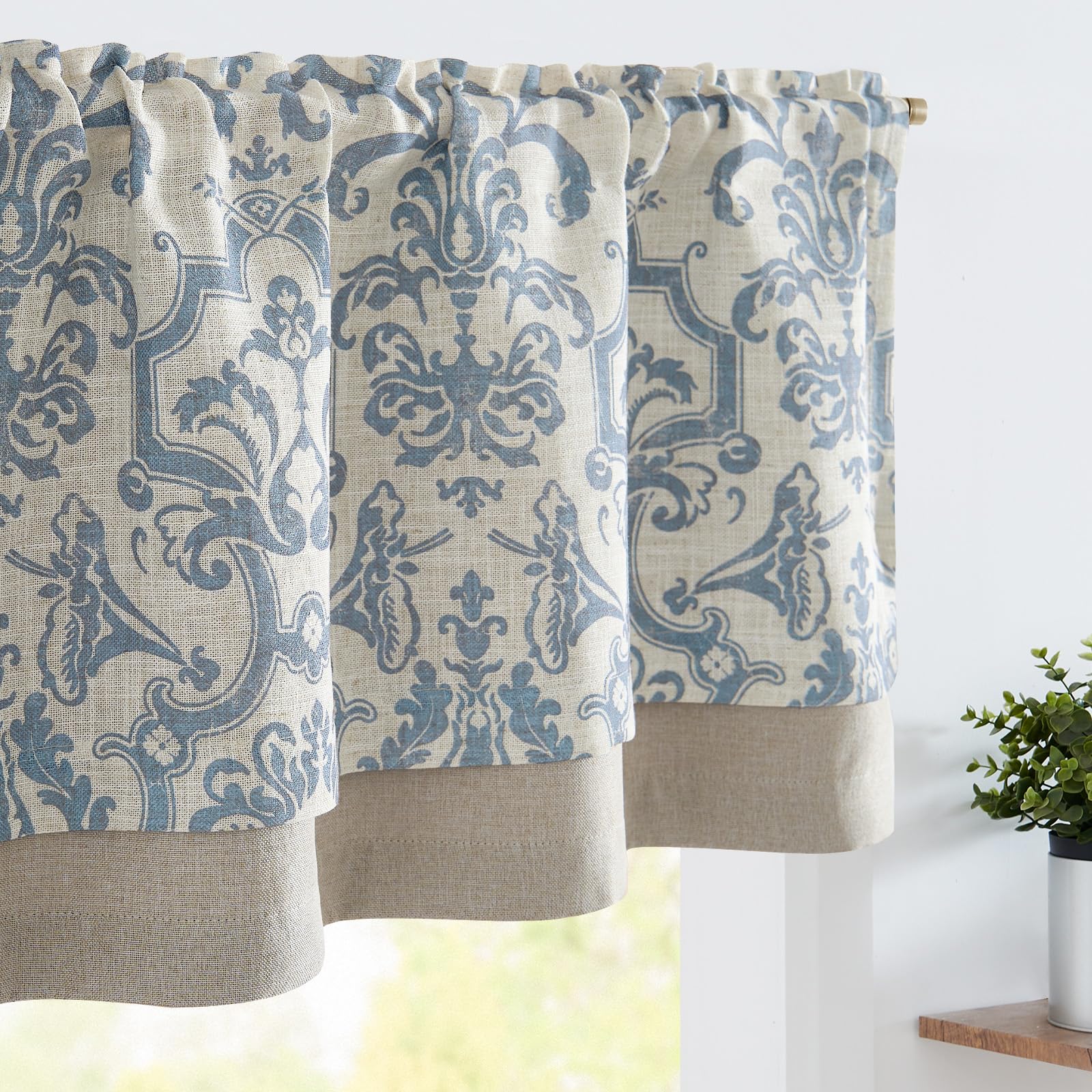 jinchanLinen Valance Curtain for Kitchen Vintage Damask Floral Blackout Valance Double Layer Small Window Curtain for Living Room Bedroom Bathroom 18 Inch Rod Pocket 1 Panel Light Blue on BeigeGlobal Recycled StandardGlobal Recycled StandardGlobal Recycled Standard