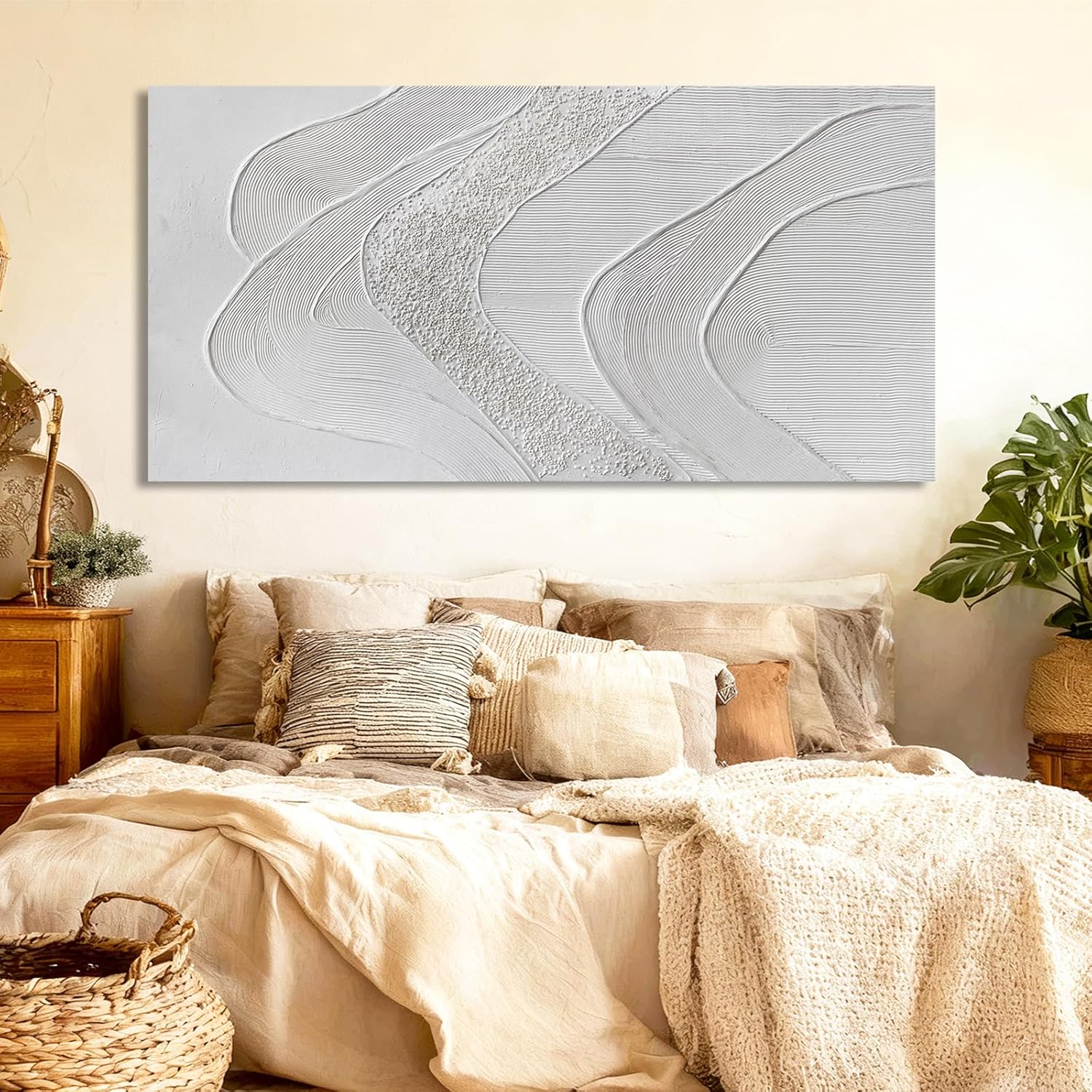 ZUNARE Large Abstract Wall Art, Textured White Canvas Painting in Neutral Cream and Sand Tones, Oversized Modern Statement Wall Decor for Living Room Bedroom Office, Ready to Hang, 29×58 Inch