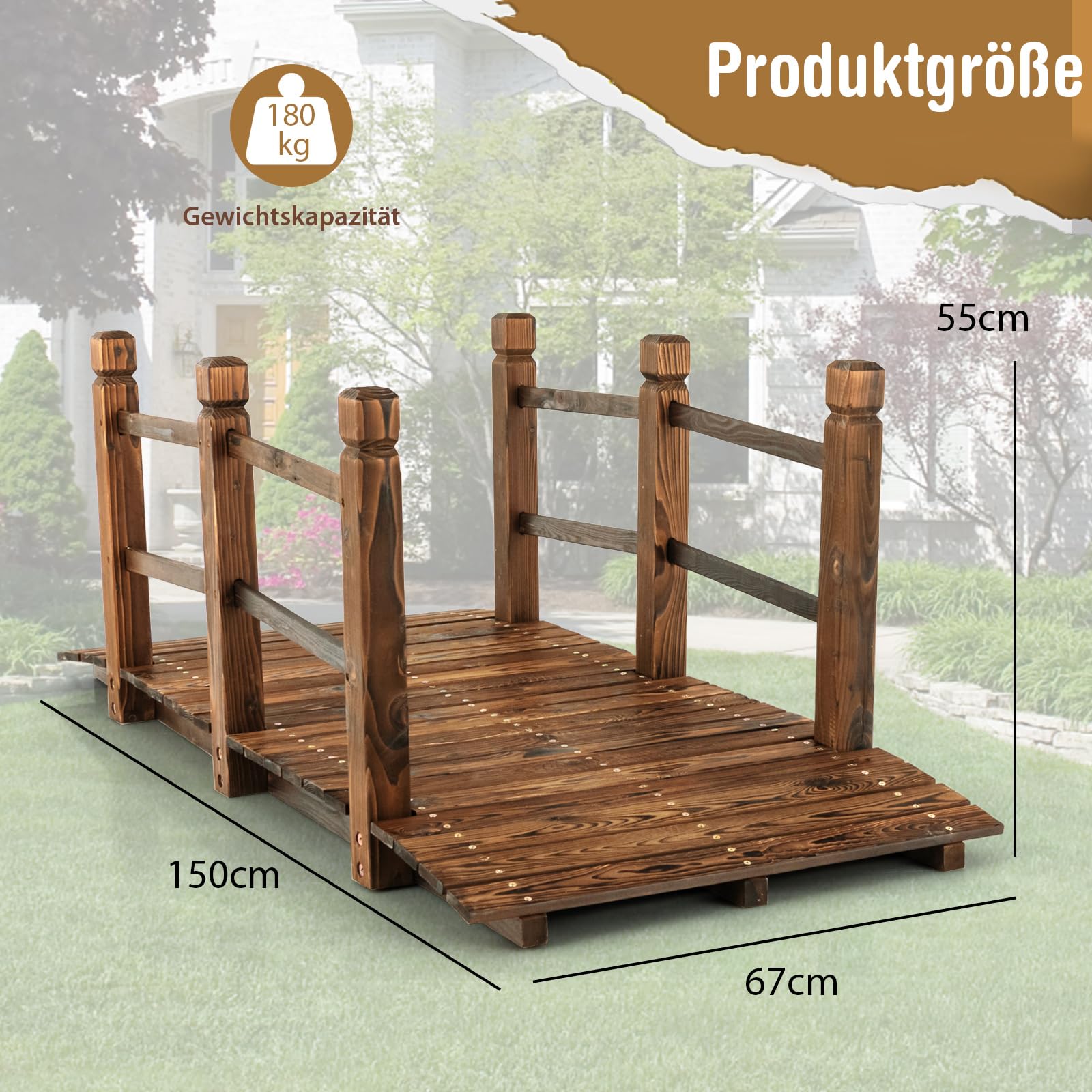 COSTWAY Brücke, Teichbrücke Gartenbrücke, Holzbrücke mit Geländern, Zierbrücke bis 180 kg belastbar, aus massivem Tannenholz, Dekobrücke für Garten Teich Außenbereich, 150 x 67 x 55 cm (Braun)