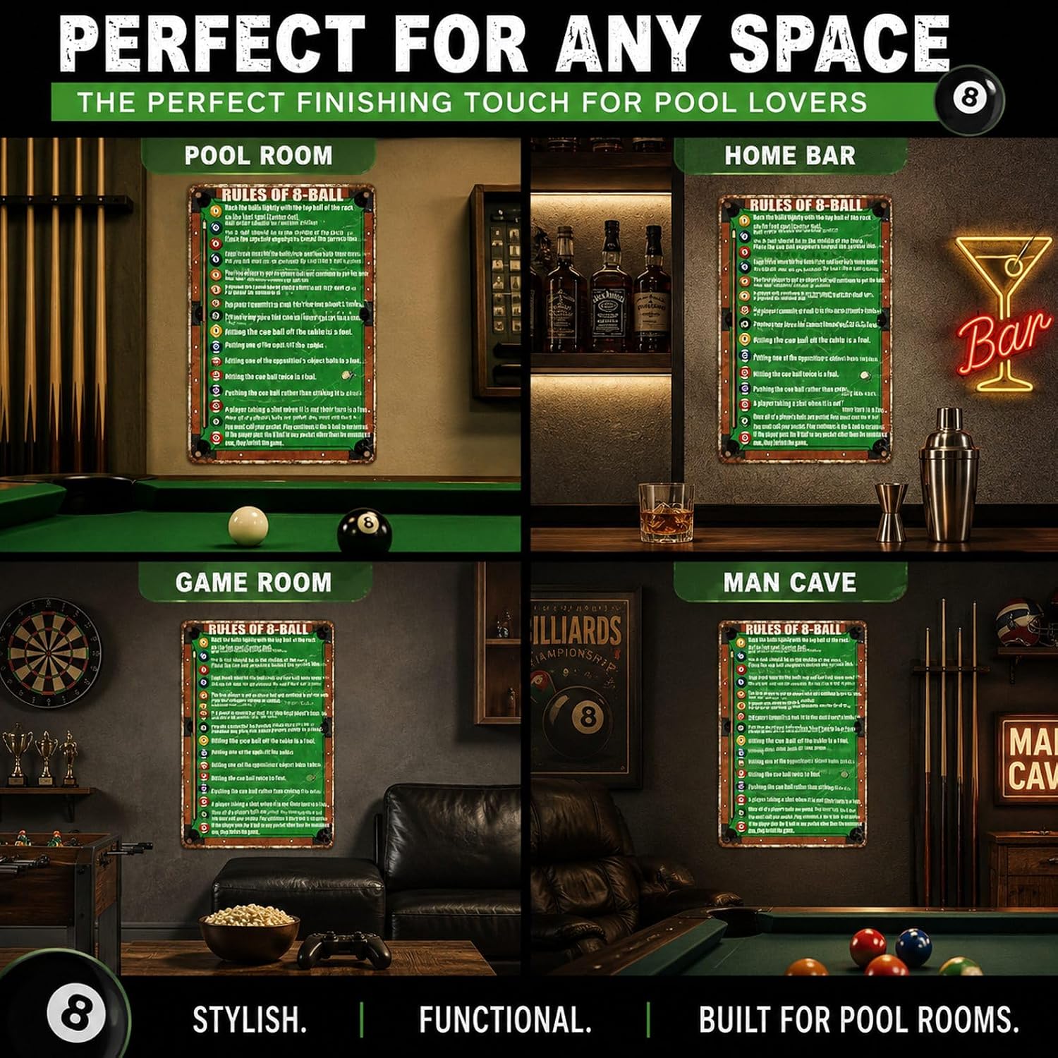 Pool Table Rules Sign, 8 Ball Pool Room Decor, Billiards Sign image 5