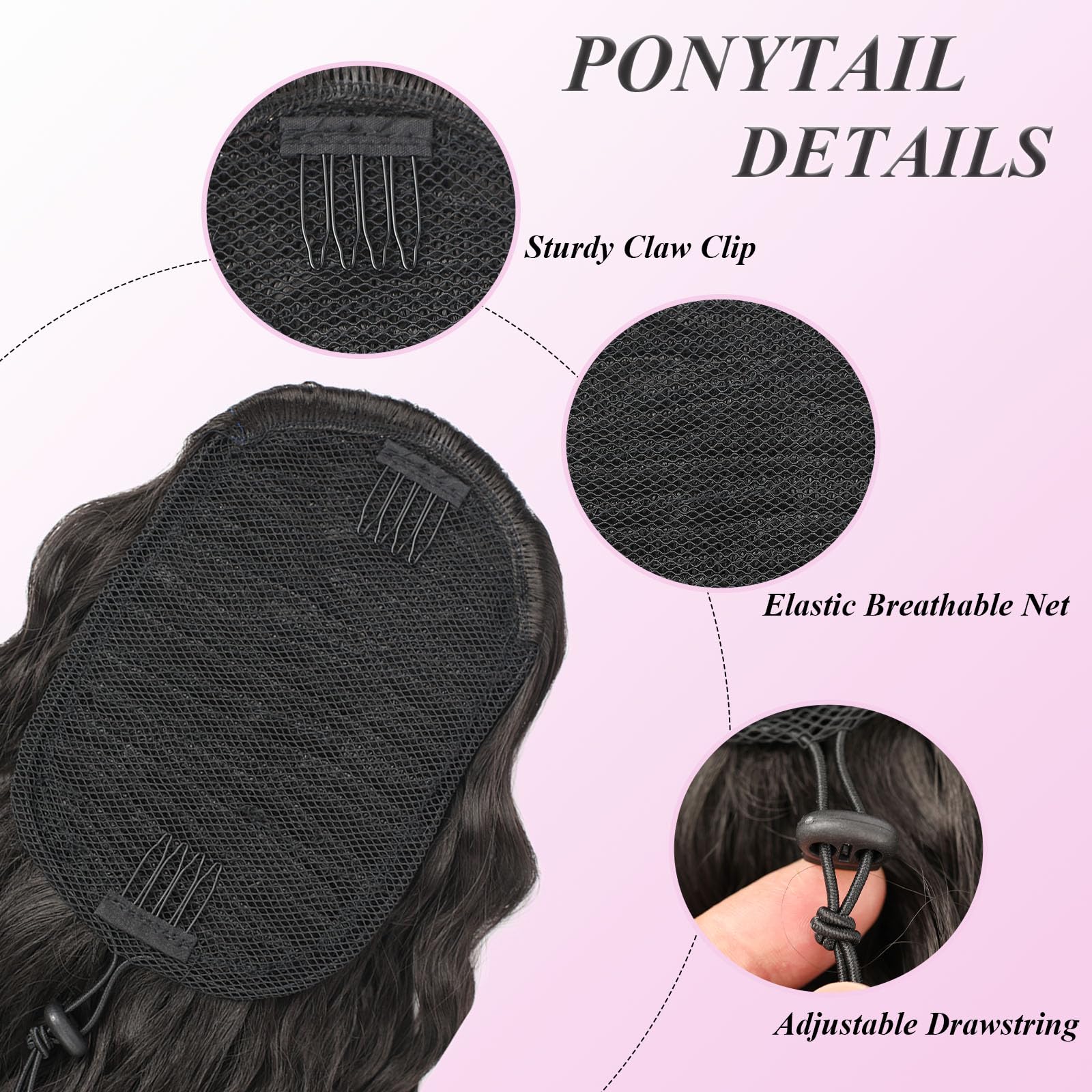 Samtress Ponytail Extension 24 Inch Drawstring Ponytail Hair Extensions Natural Black Long Curly Wavy Ponytail Extension Clip in Ponytail Hair Synthetic Hairpiece for Women (#1B) - Image 4